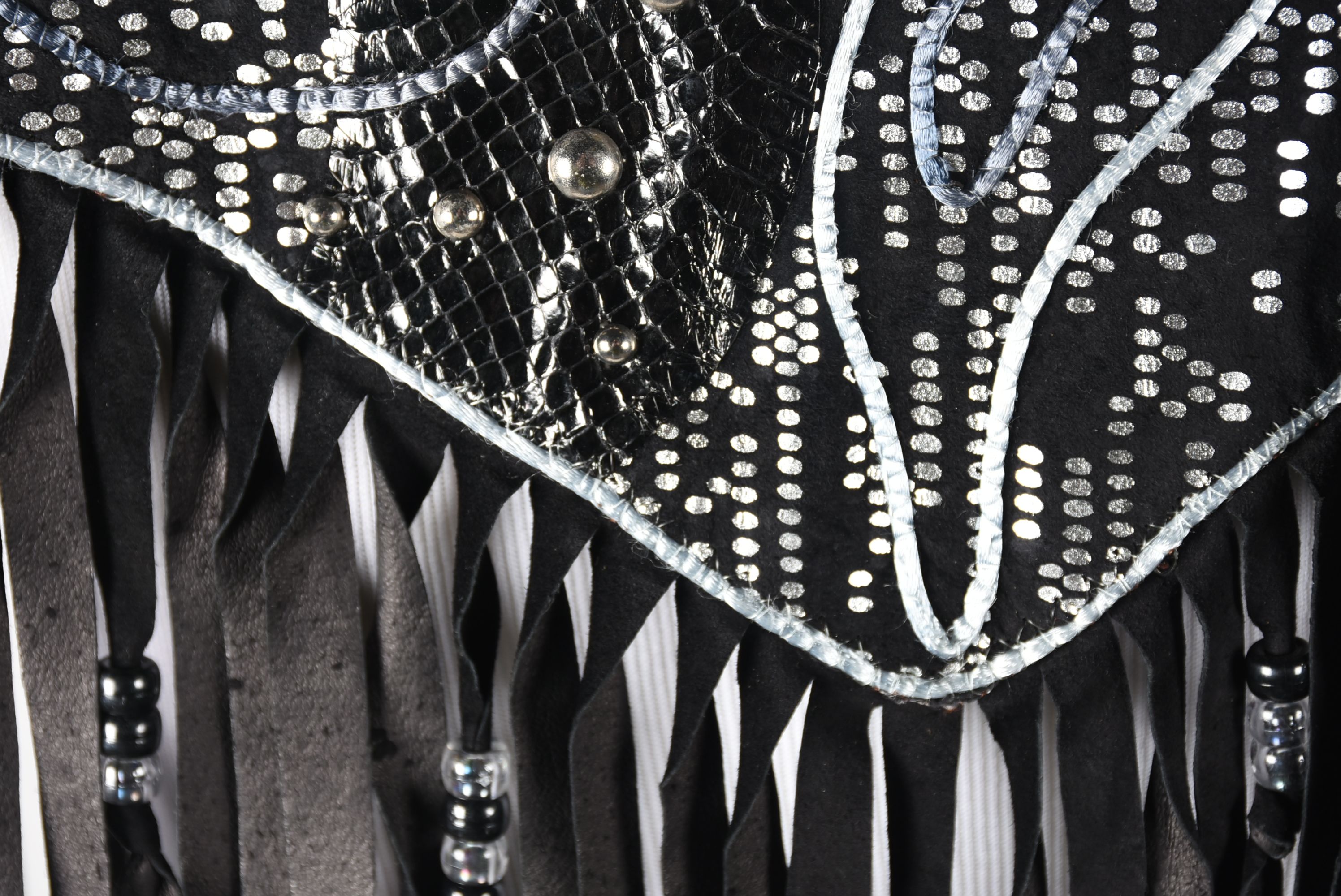 Custom Made Black and Silver Metallic Stage Dress Ensemble with Fringe