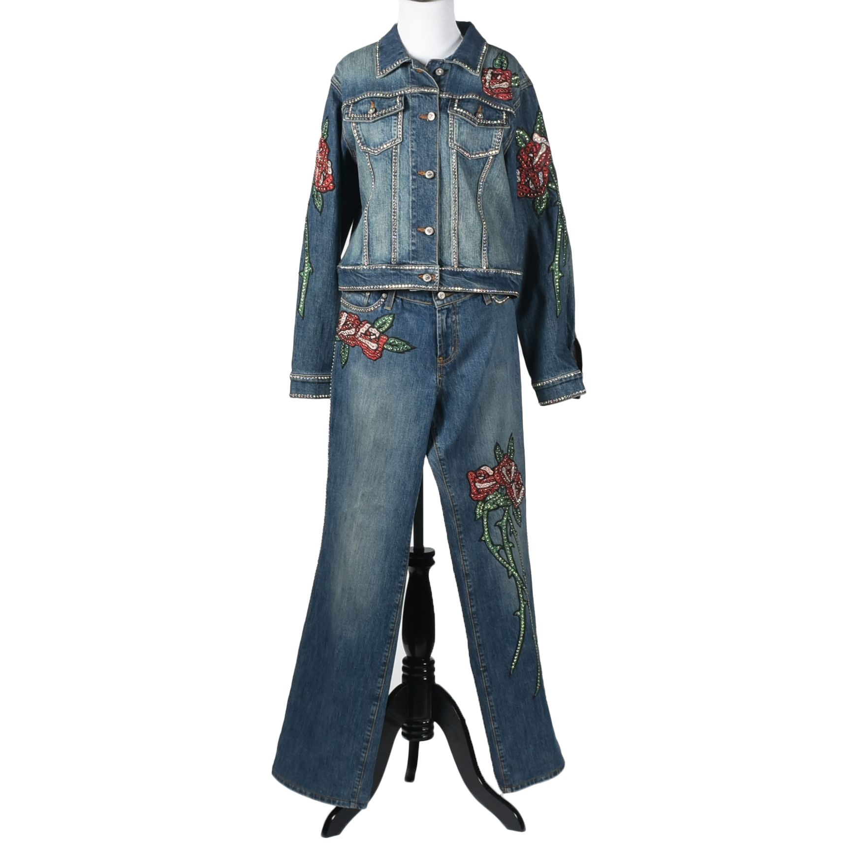 Kippys Denim Ensemble Embellished with Leather Roses and Crystal Rhinestones