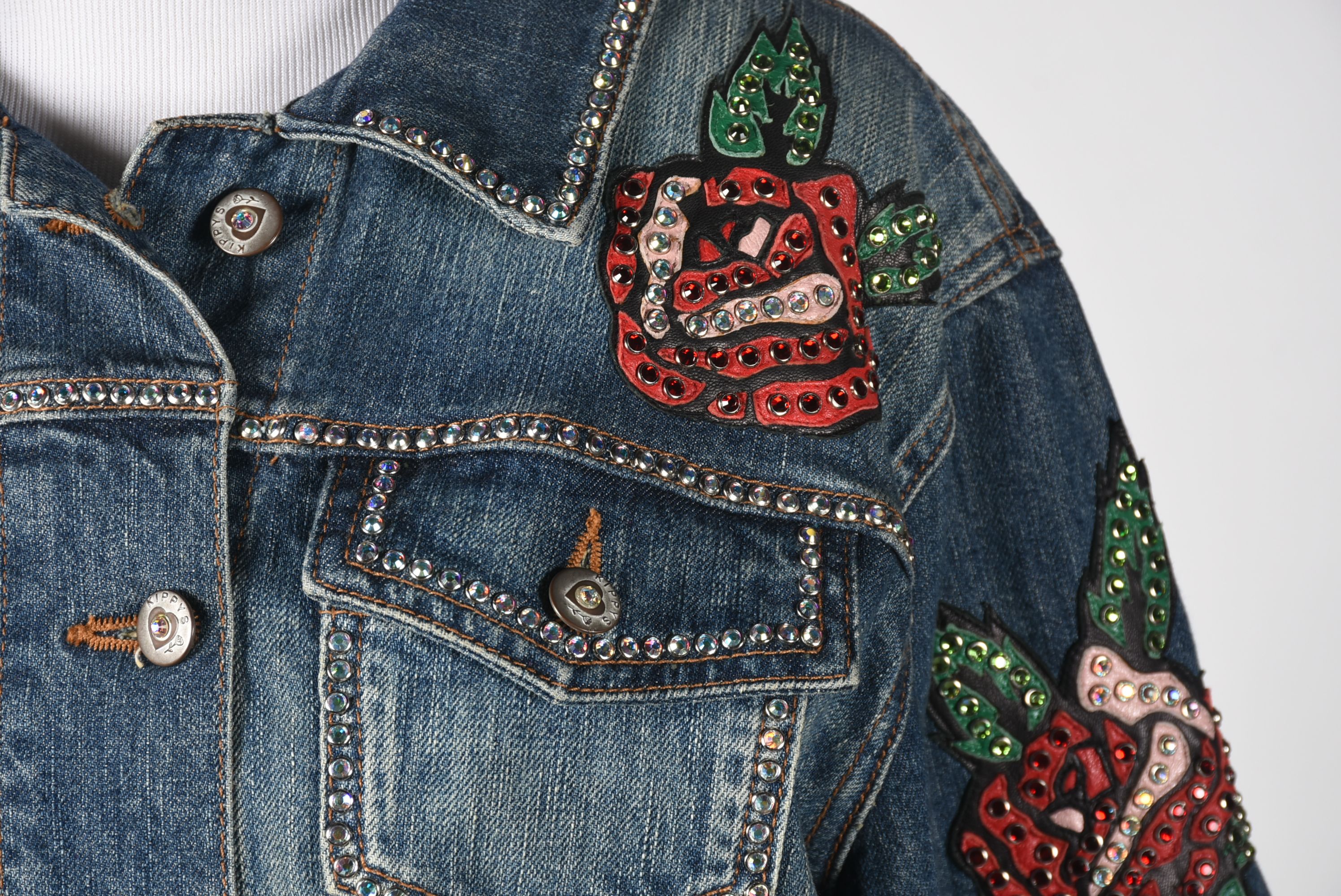 Kippys Denim Ensemble Embellished with Leather Roses and Crystal Rhinestones