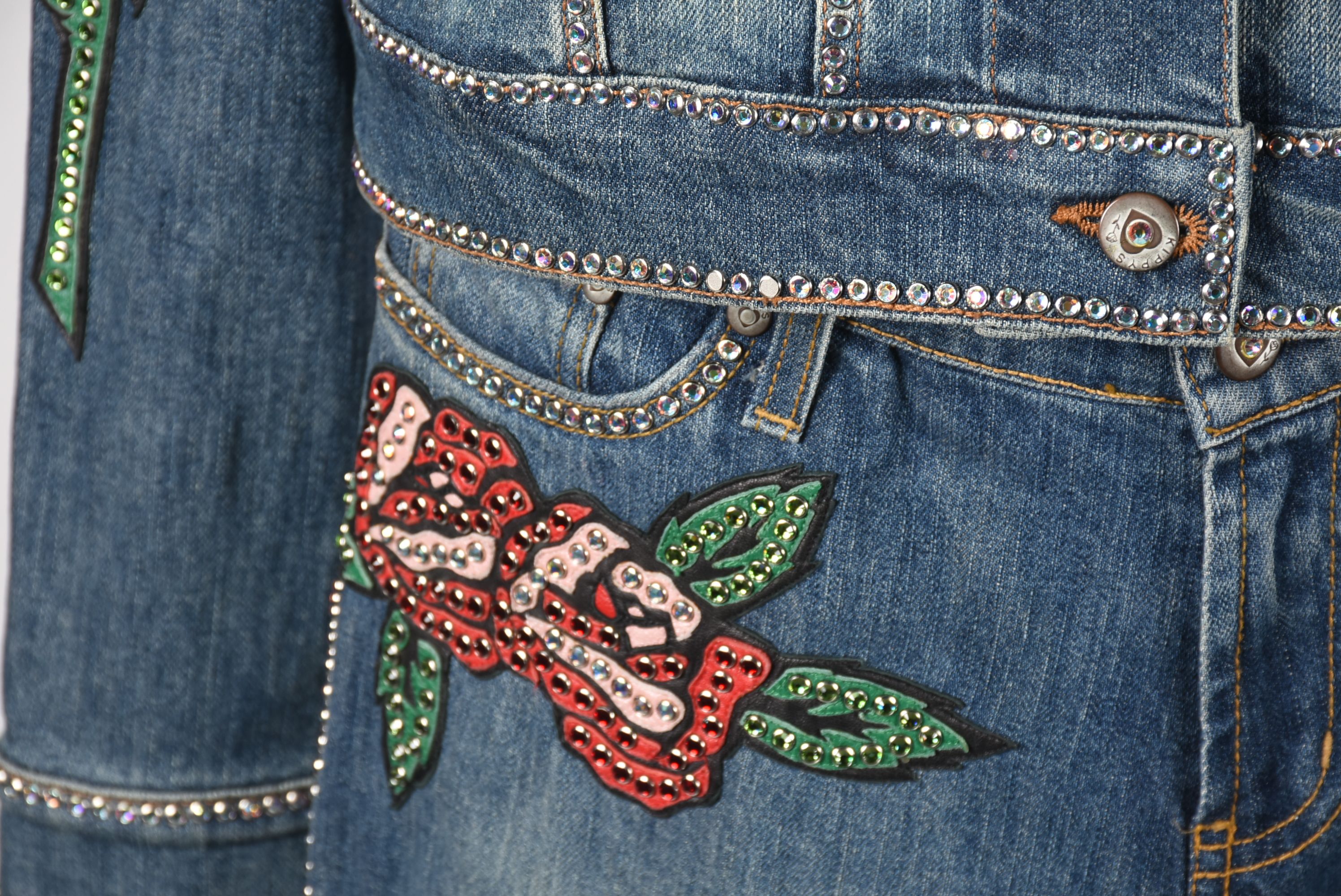 Kippys Denim Ensemble Embellished with Leather Roses and Crystal Rhinestones