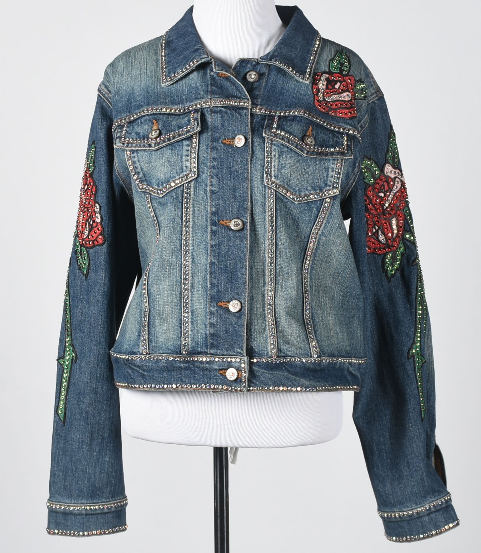 Kippys Denim Ensemble Embellished with Leather Roses and Crystal Rhinestones