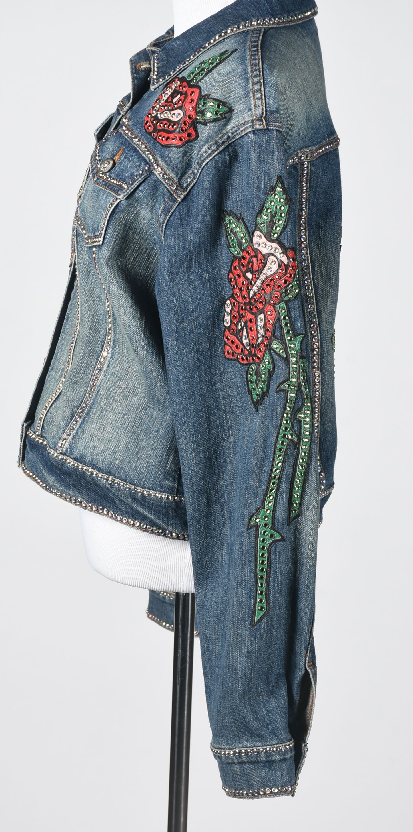 Kippys Denim Ensemble Embellished with Leather Roses and Crystal Rhinestones