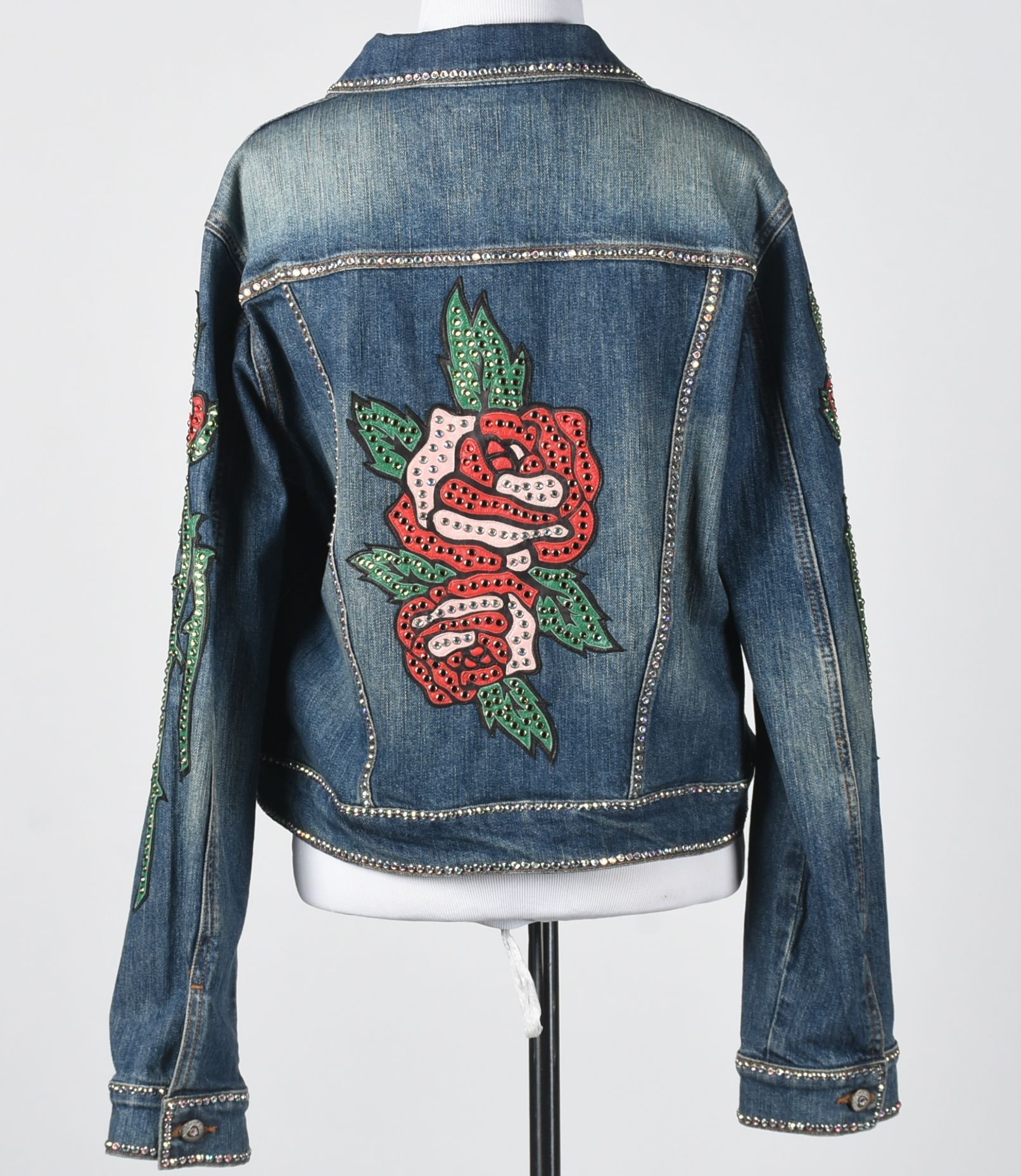 Kippys Denim Ensemble Embellished with Leather Roses and Crystal Rhinestones