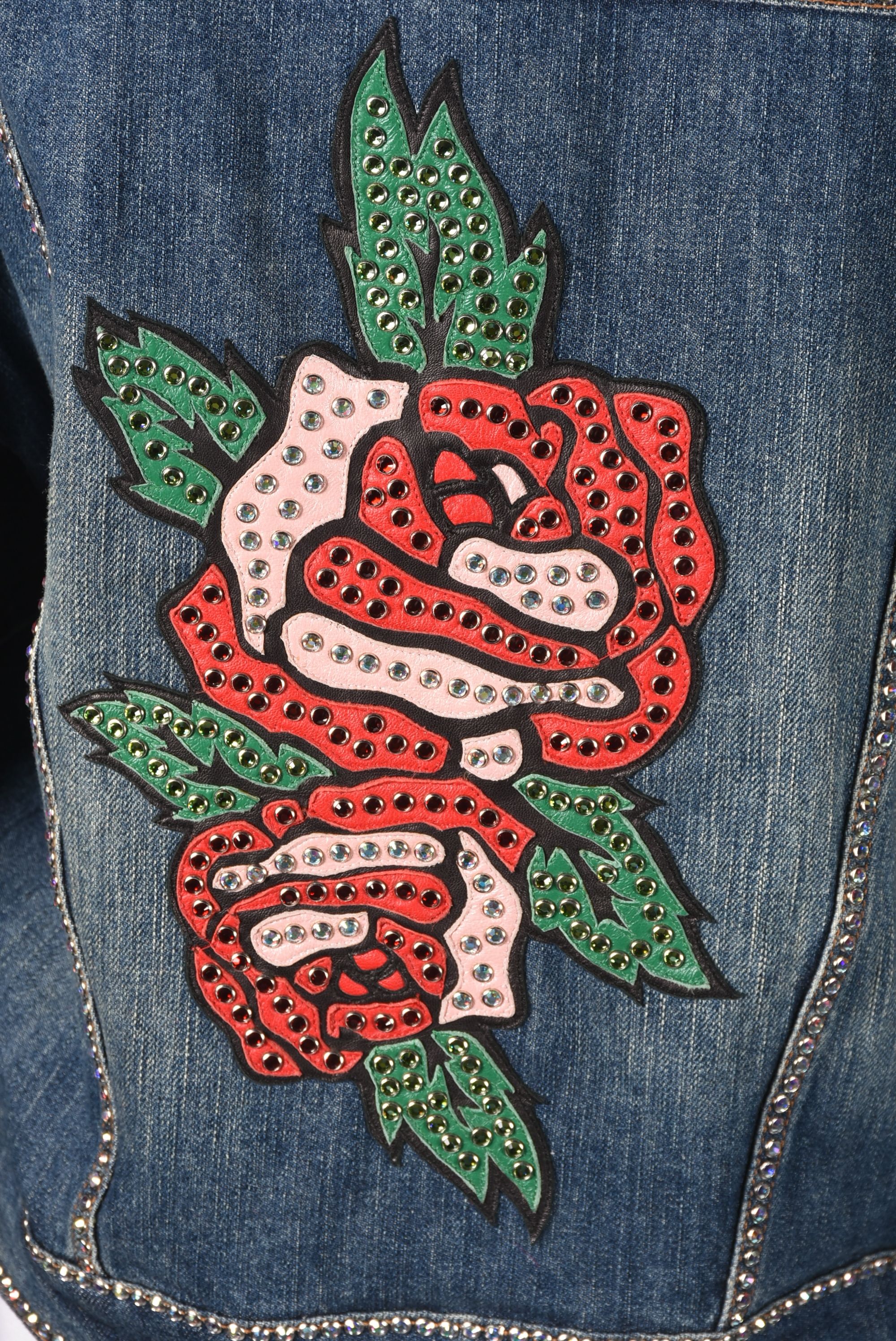 Kippys Denim Ensemble Embellished with Leather Roses and Crystal Rhinestones