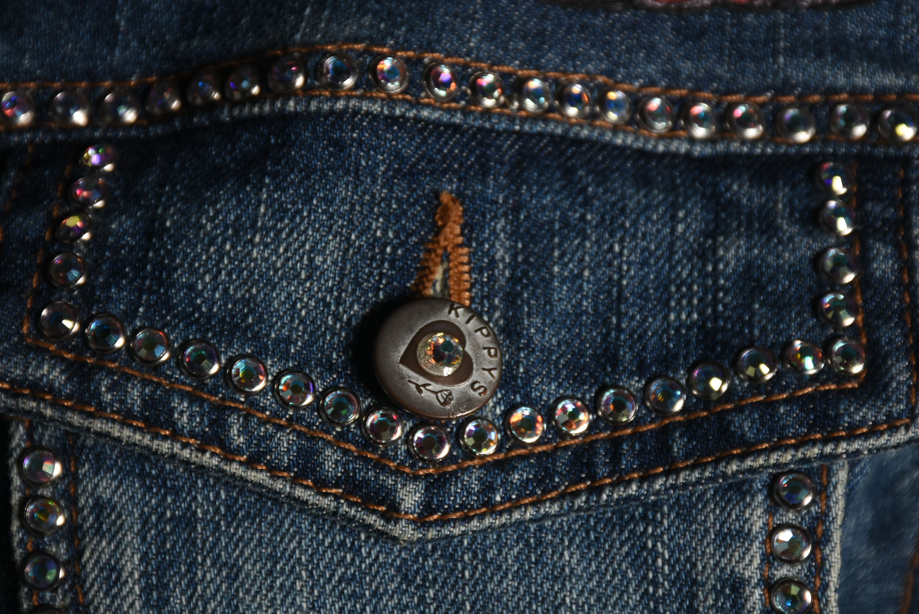 Kippys Denim Ensemble Embellished with Leather Roses and Crystal Rhinestones