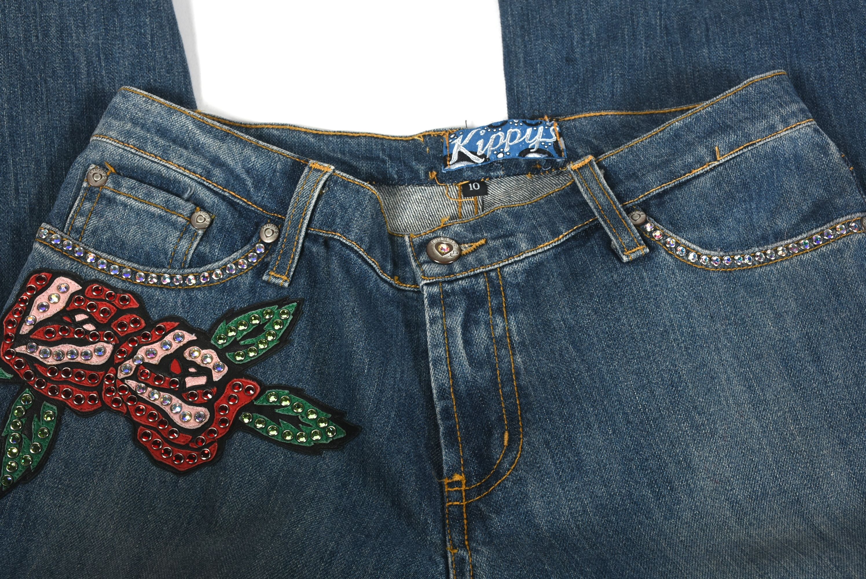Kippys Denim Ensemble Embellished with Leather Roses and Crystal Rhinestones