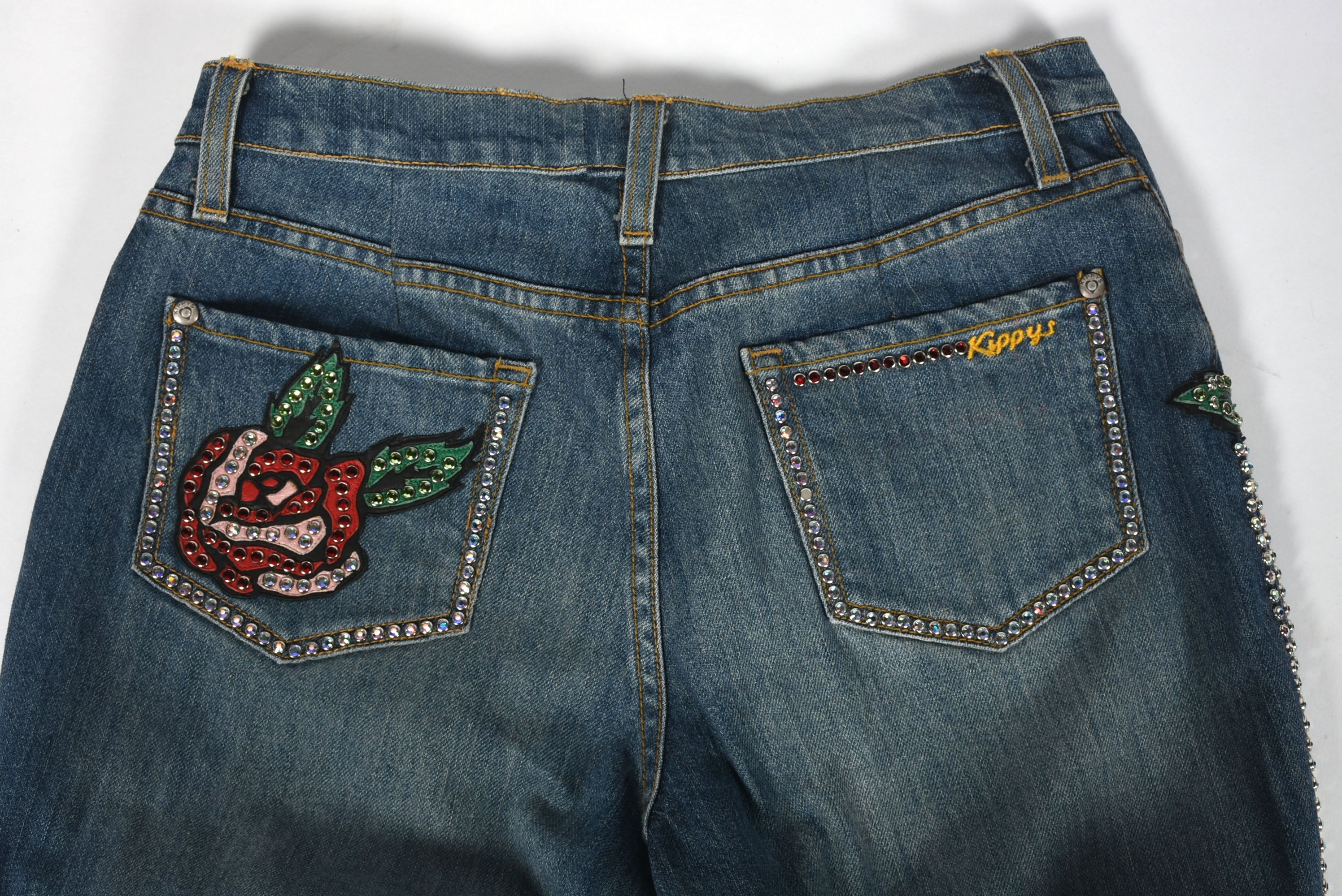 Kippys Denim Ensemble Embellished with Leather Roses and Crystal Rhinestones