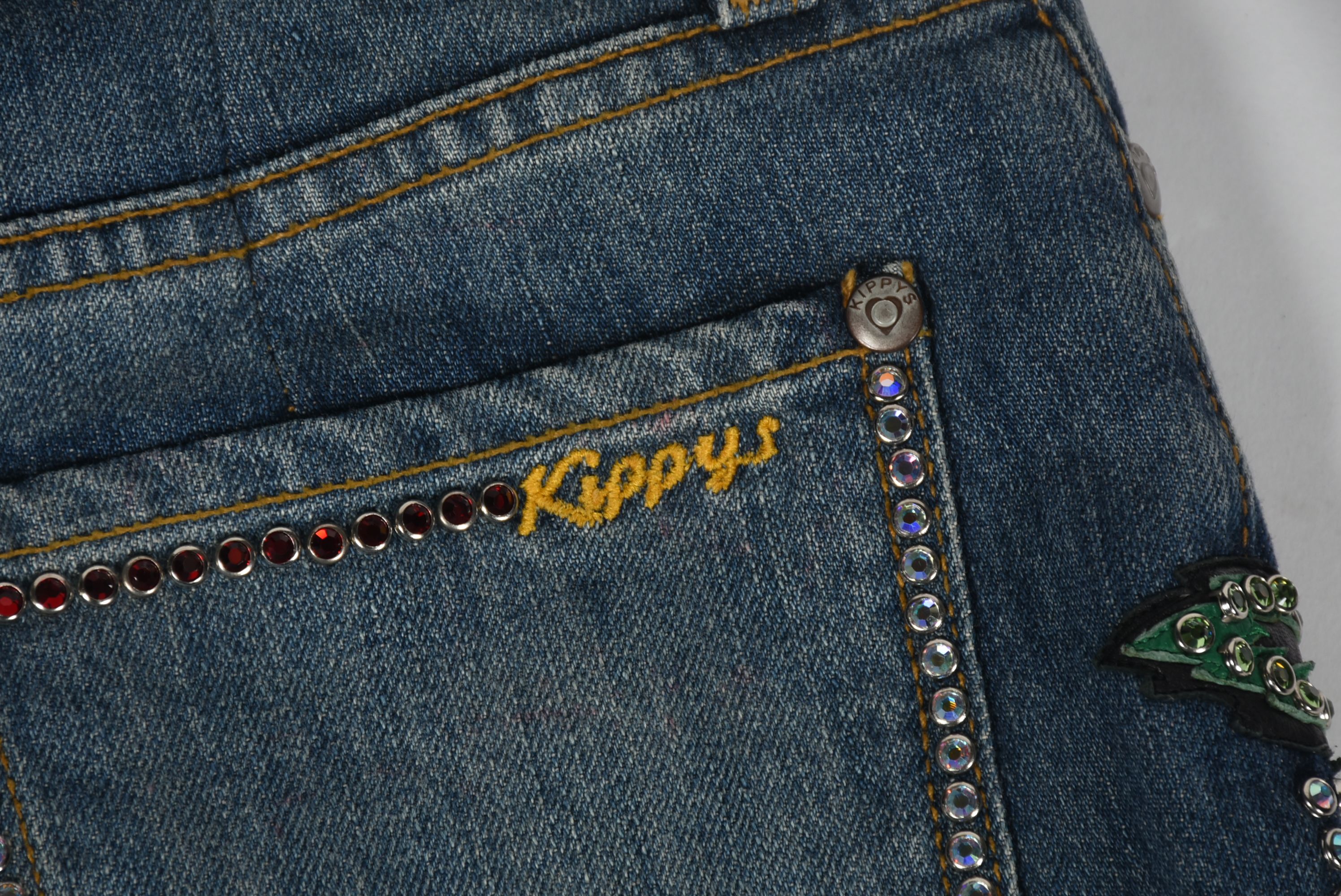 Kippys Denim Ensemble Embellished with Leather Roses and Crystal Rhinestones