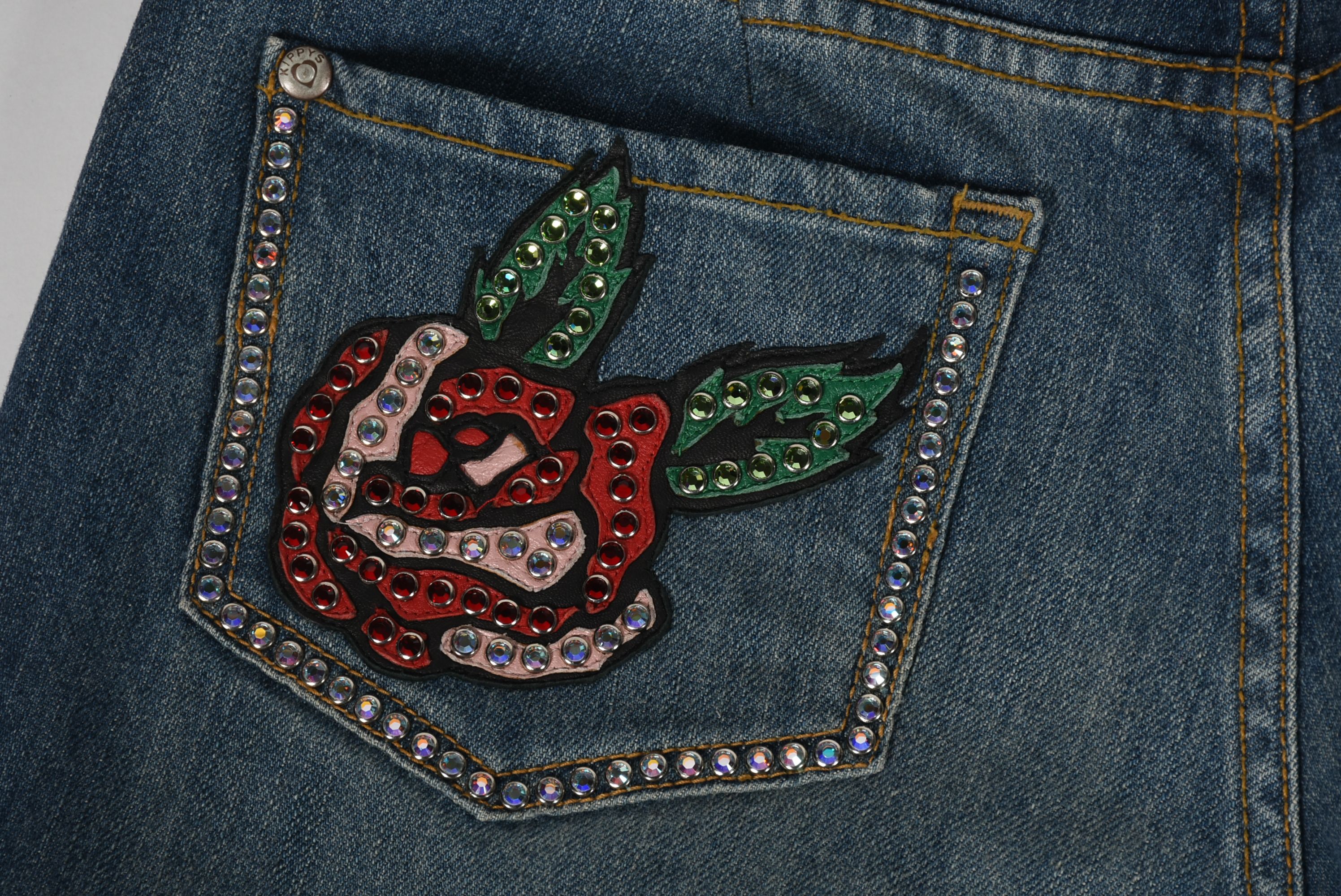 Kippys Denim Ensemble Embellished with Leather Roses and Crystal Rhinestones