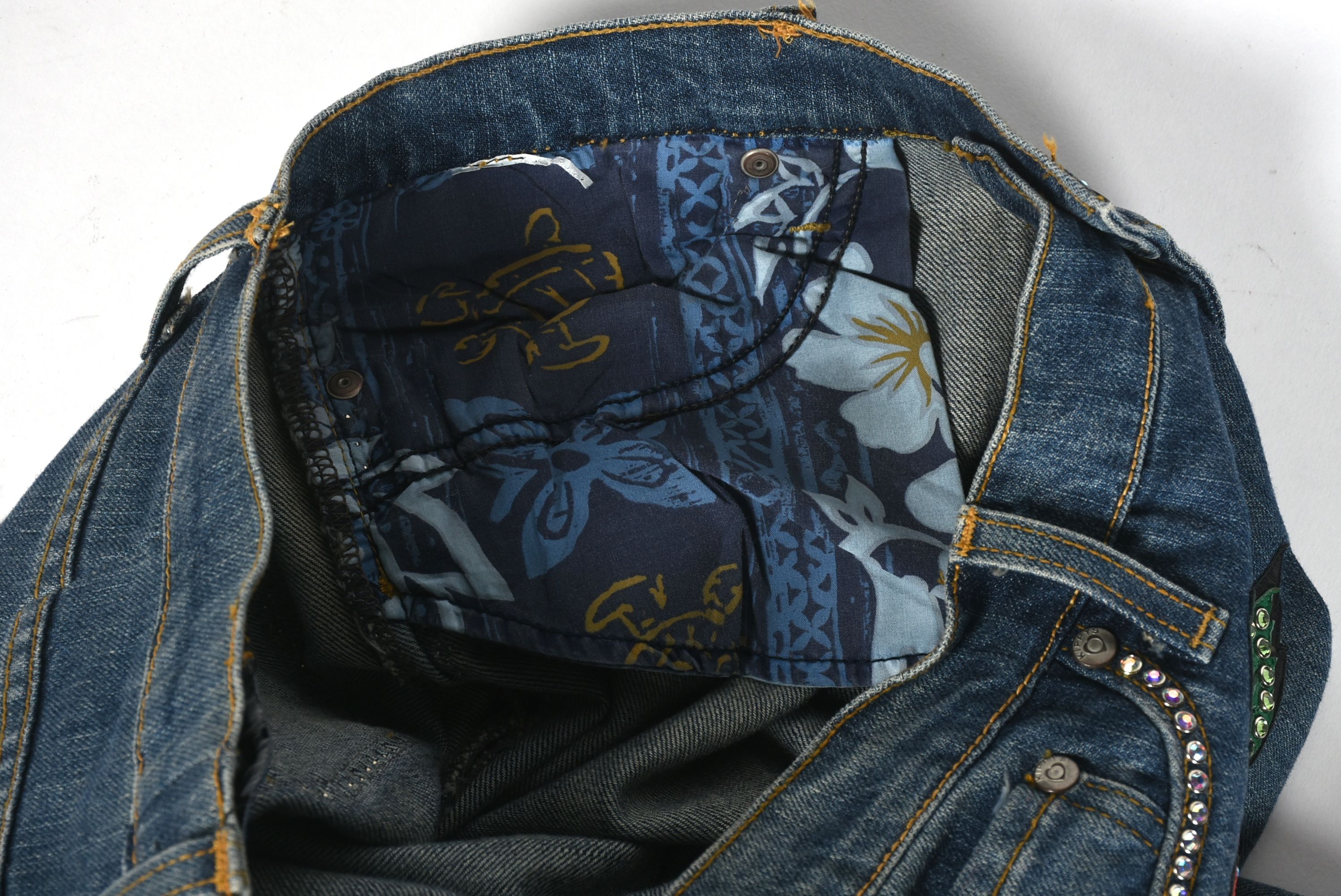 Kippys Denim Ensemble Embellished with Leather Roses and Crystal Rhinestones