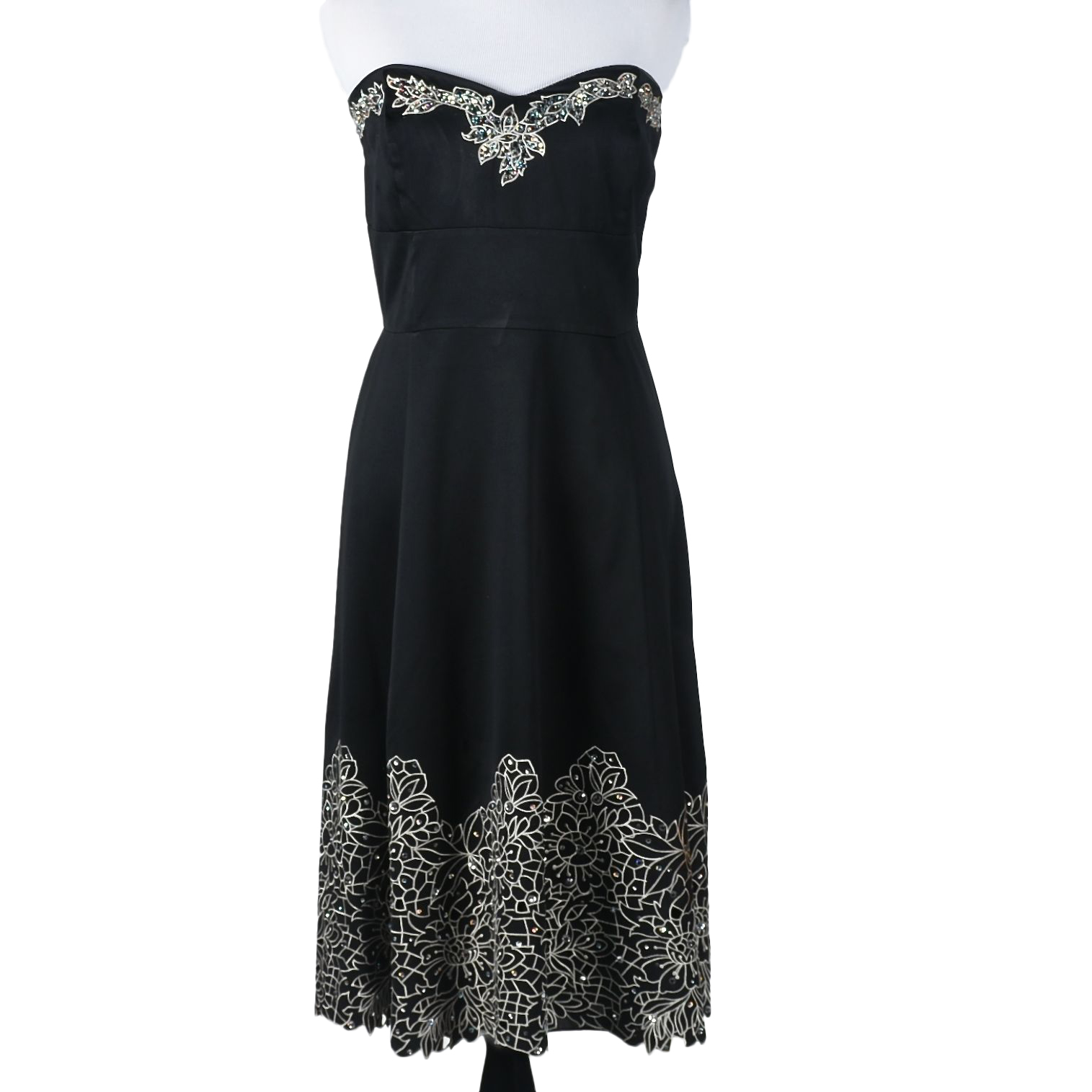 White House Black Market Black Strapless Embroidered Cocktail Dress with Rhinestones