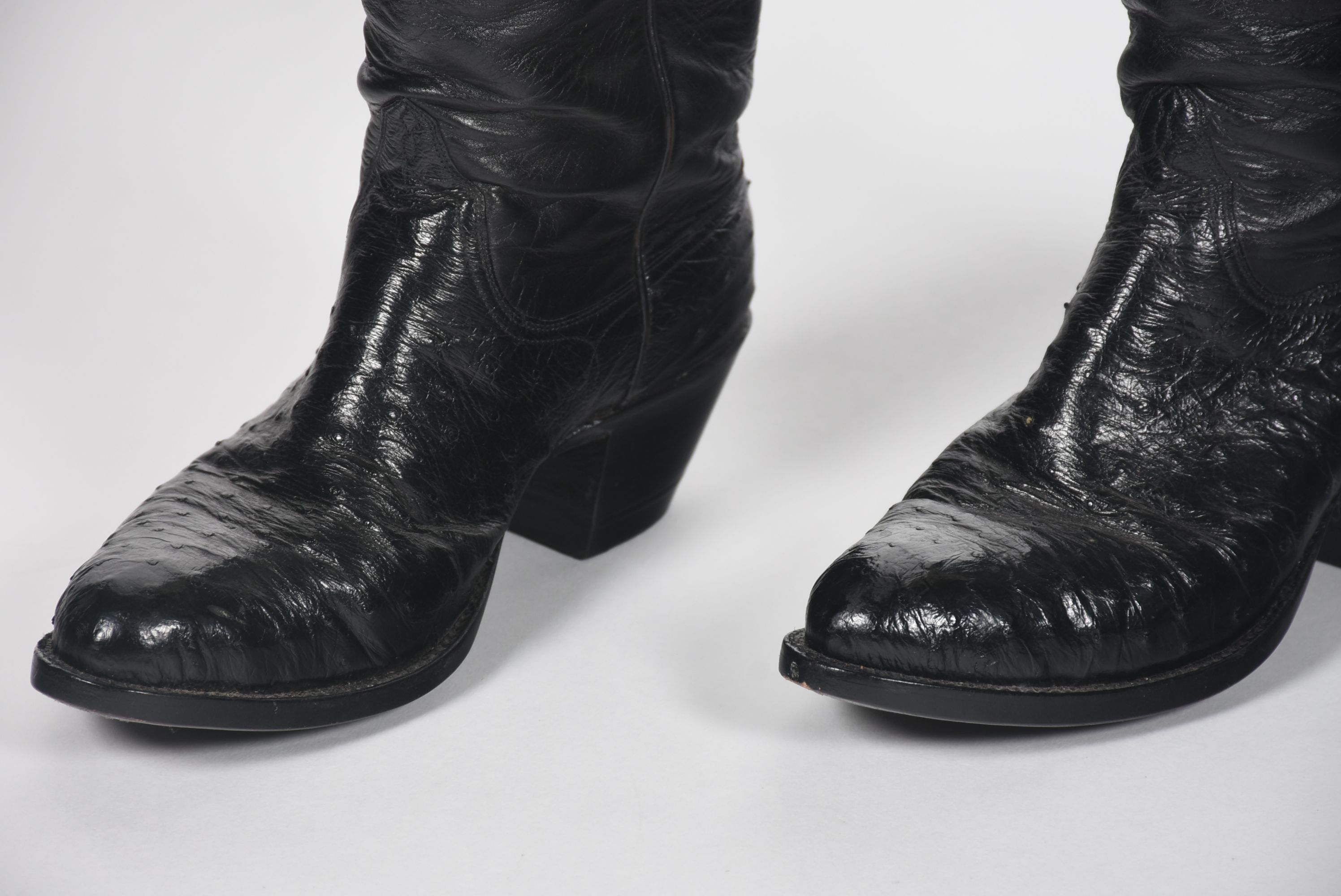 Custom-Made Black Ostrich Leather Cowgirl Boots with Tanya Tucker Monogram in the Shape of Texas