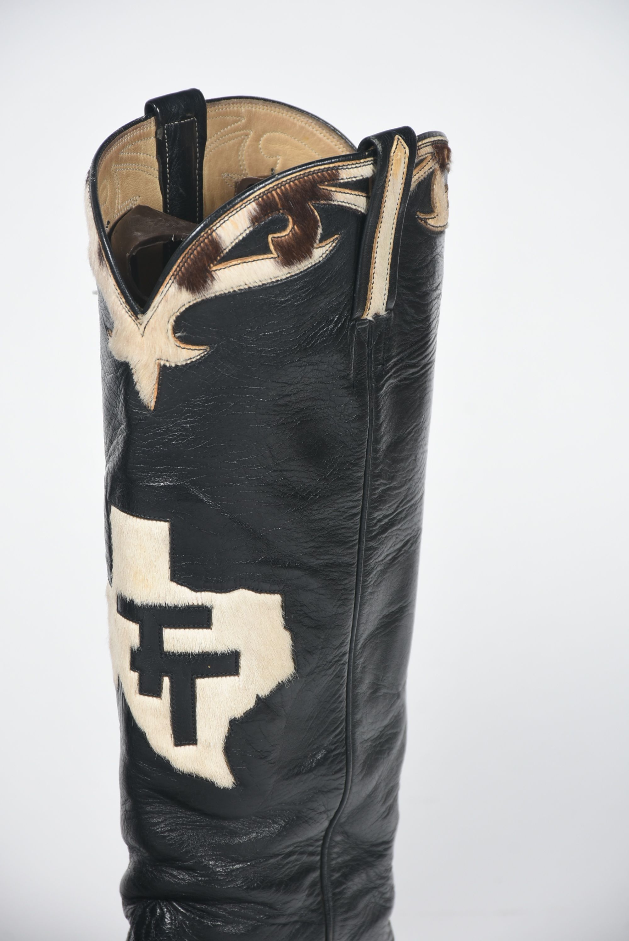 Custom-Made Black Ostrich Leather Cowgirl Boots with Tanya Tucker Monogram in the Shape of Texas