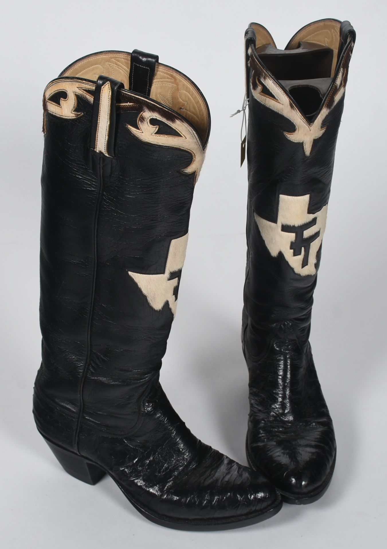 Custom-Made Black Ostrich Leather Cowgirl Boots with Tanya Tucker Monogram in the Shape of Texas