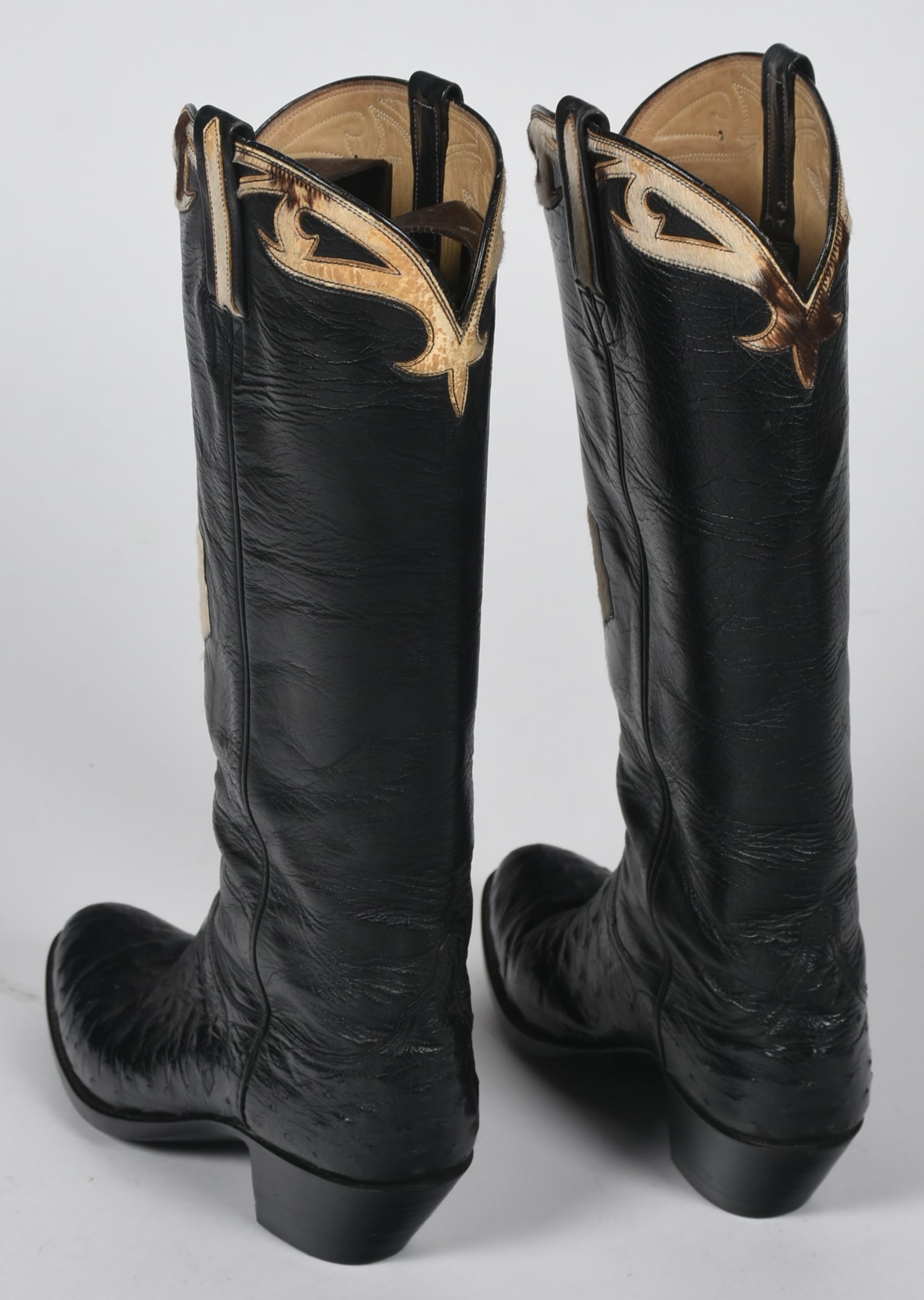 Custom-Made Black Ostrich Leather Cowgirl Boots with Tanya Tucker Monogram in the Shape of Texas