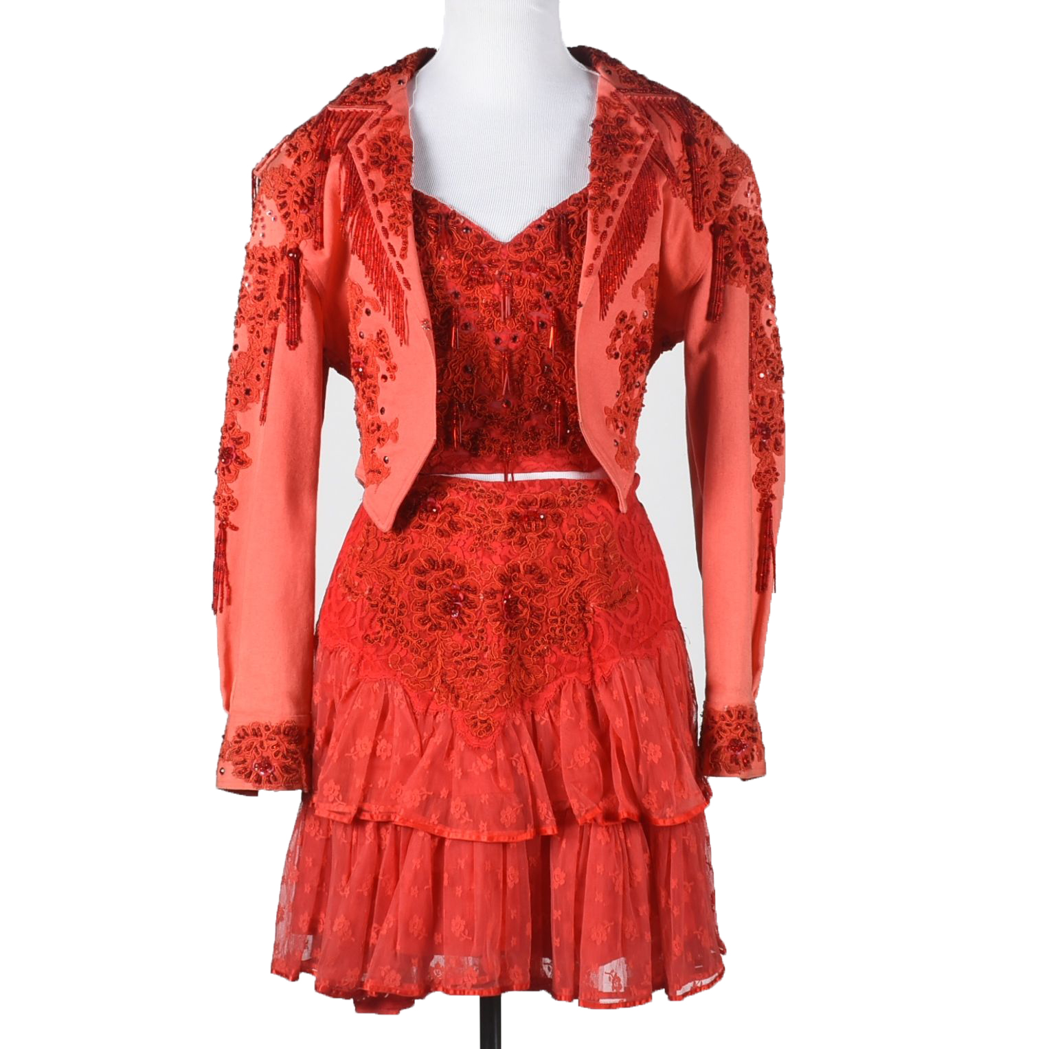Vintage Sable of Dallas Red Denim Embellished Stage Ensemble with Fringe