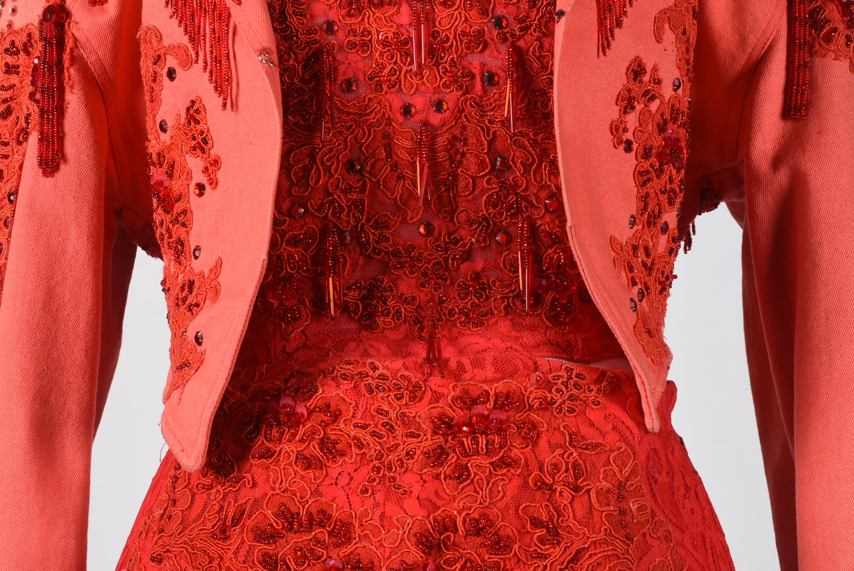 Vintage Sable of Dallas Red Denim Embellished Stage Ensemble with Fringe