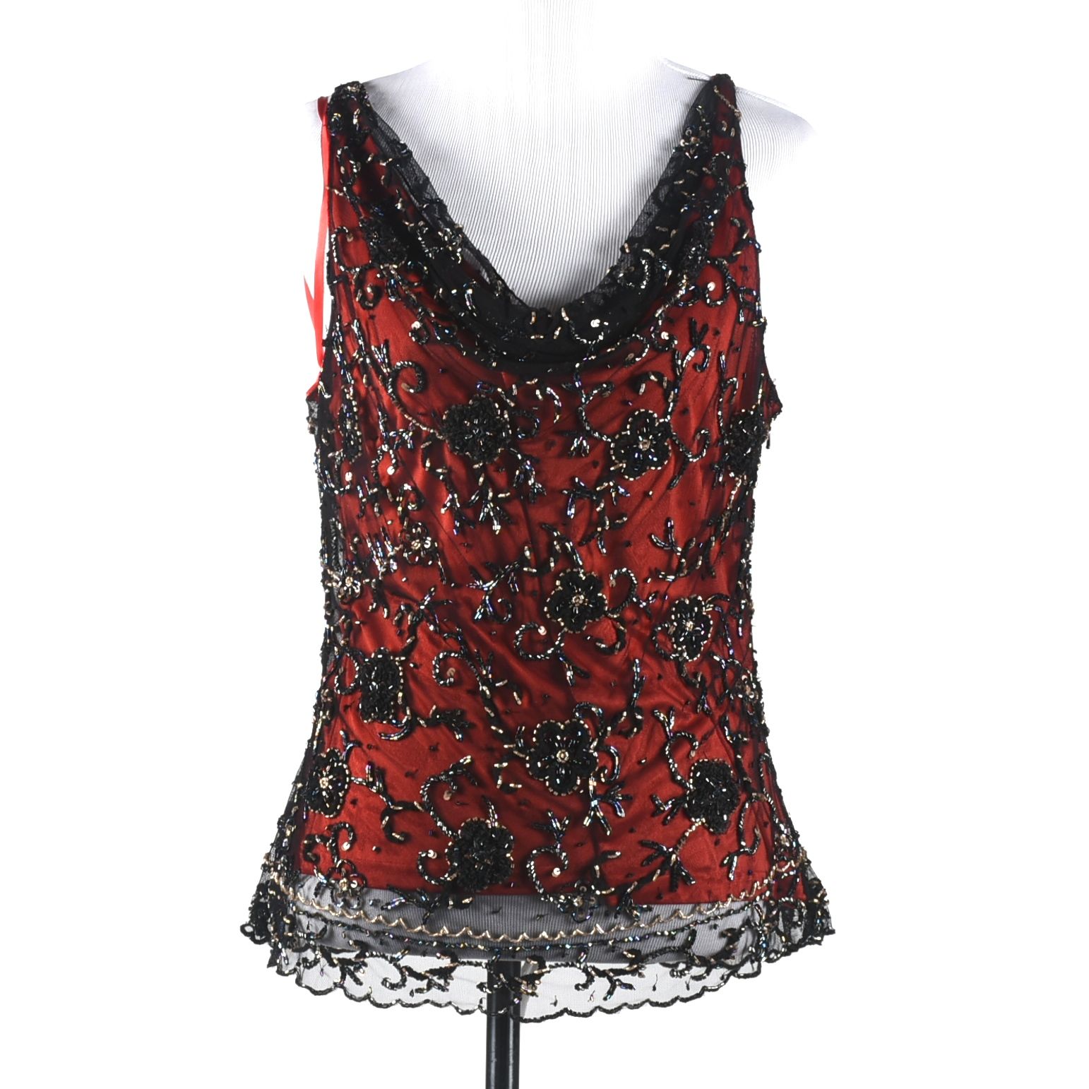 Cache Sleeveless Blouse in Red Silk and Black Embellished Mesh