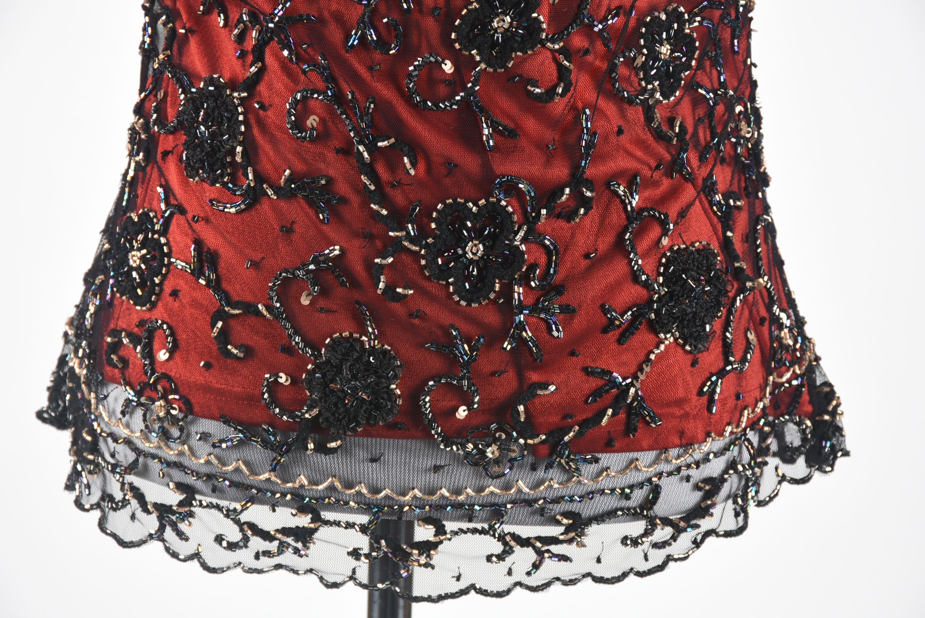 Cache Sleeveless Blouse in Red Silk and Black Embellished Mesh