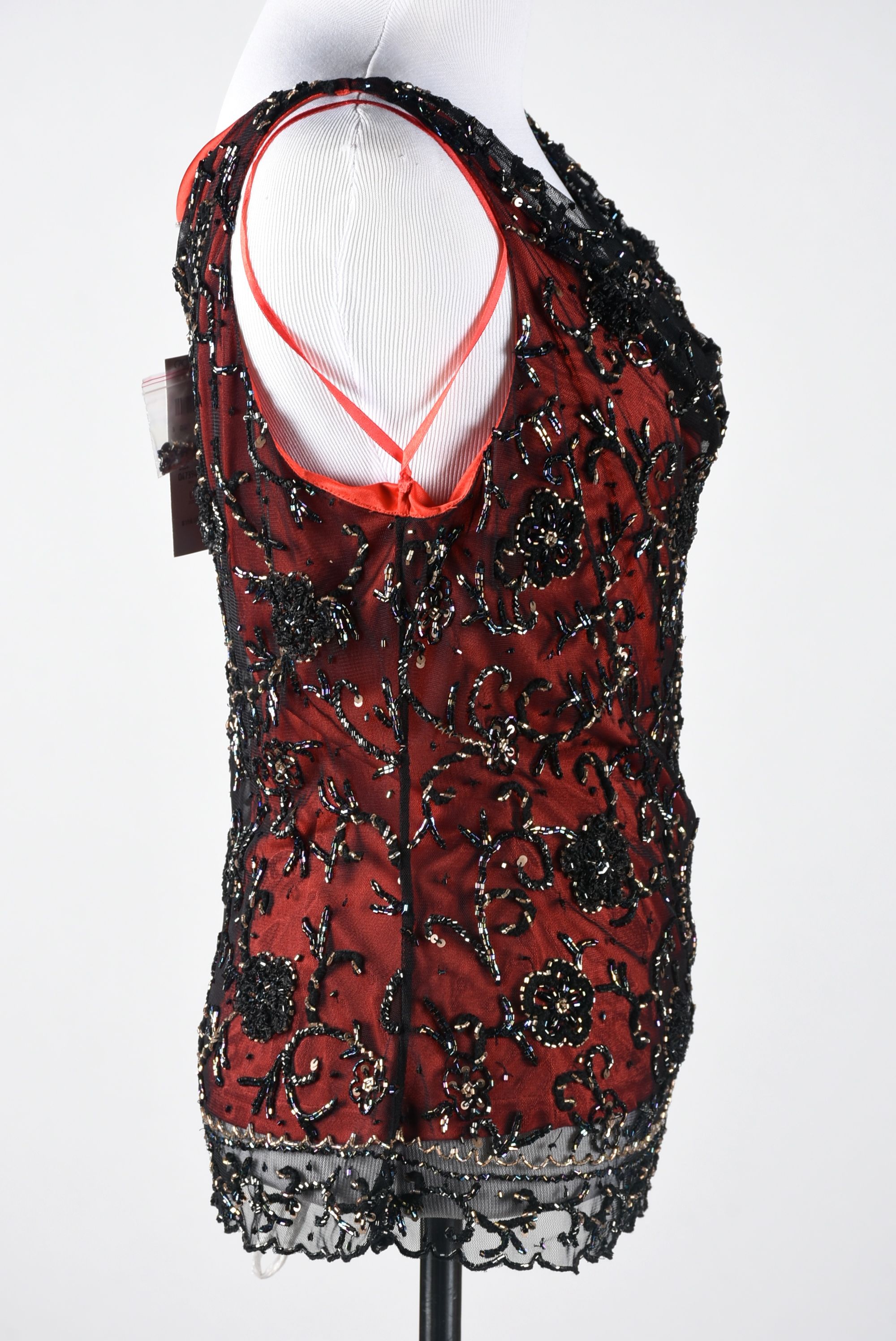 Cache Sleeveless Blouse in Red Silk and Black Embellished Mesh