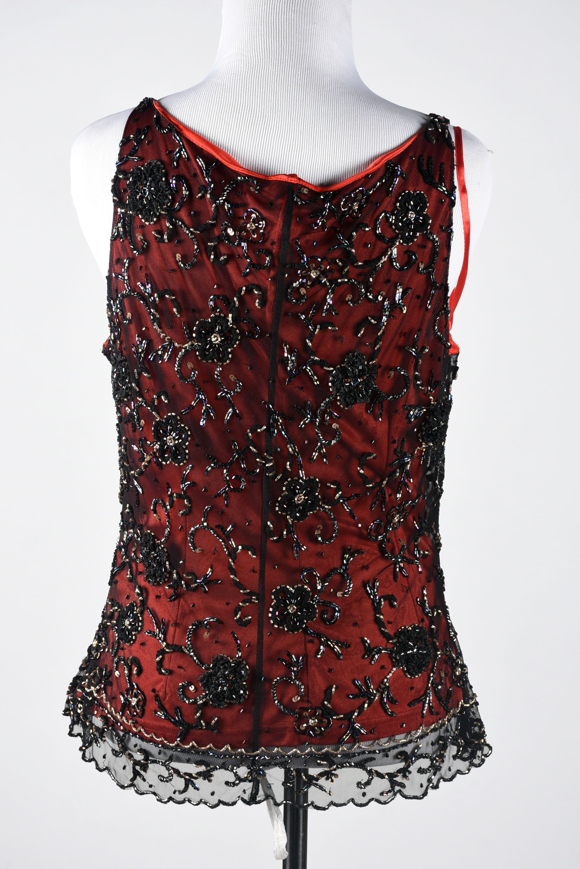 Cache Sleeveless Blouse in Red Silk and Black Embellished Mesh
