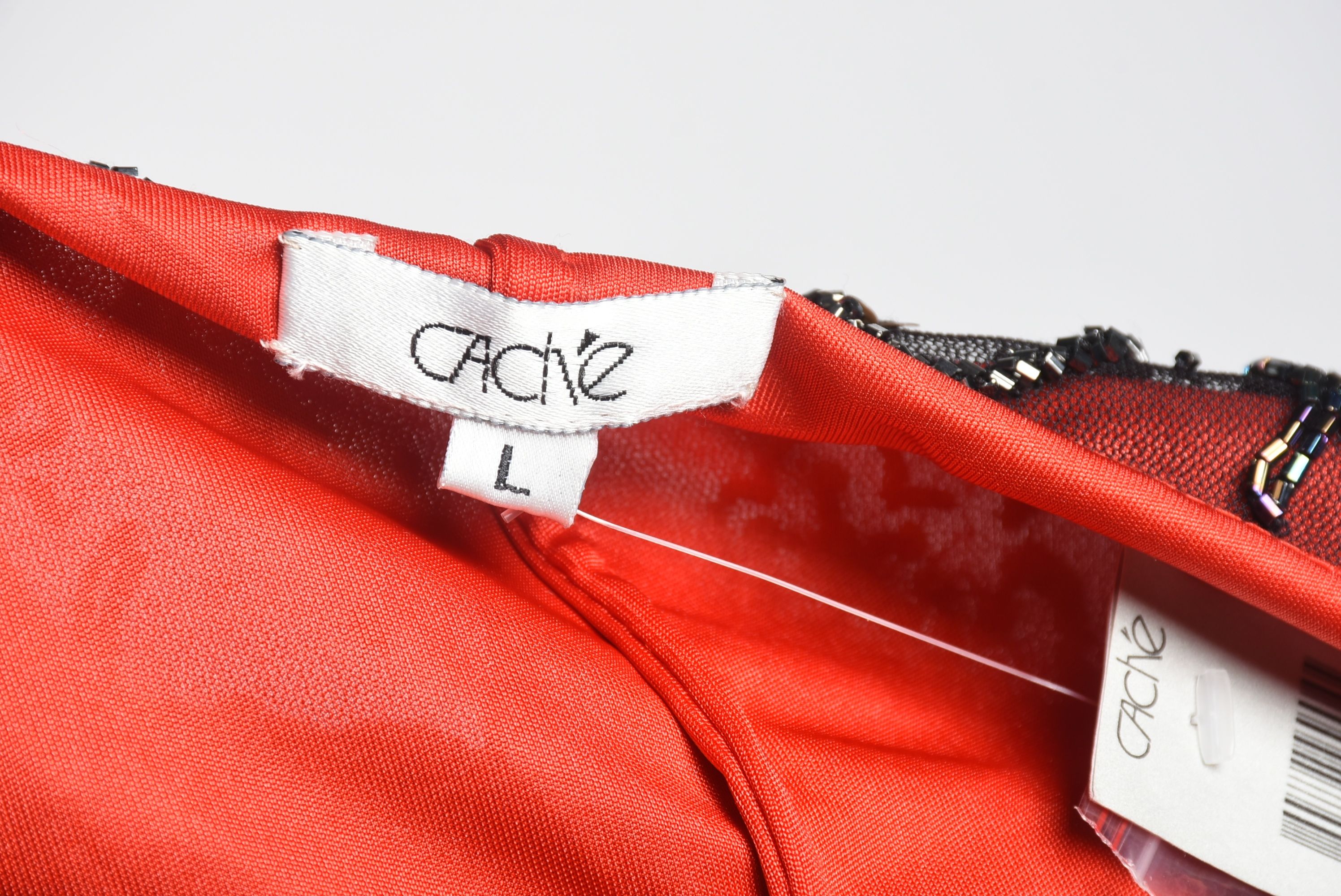 Cache Sleeveless Blouse in Red Silk and Black Embellished Mesh