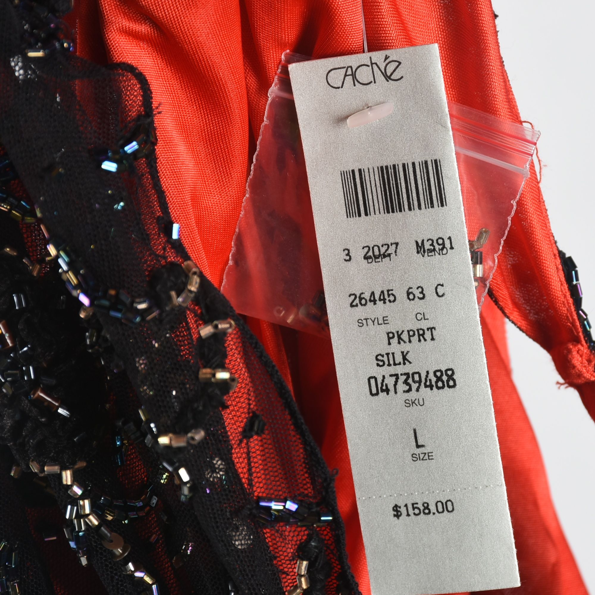 Cache Sleeveless Blouse in Red Silk and Black Embellished Mesh