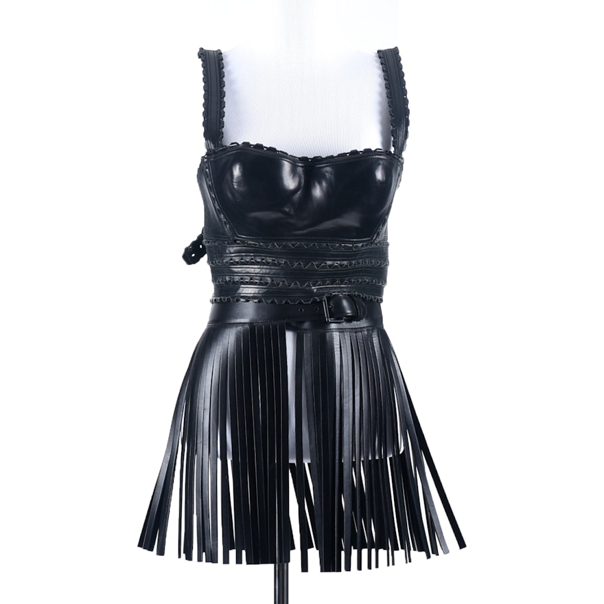 Azzedine Alaïa of Paris High End Designer Black Leather Bustier and Fringed Mini Skirt with Tanya's Autograph