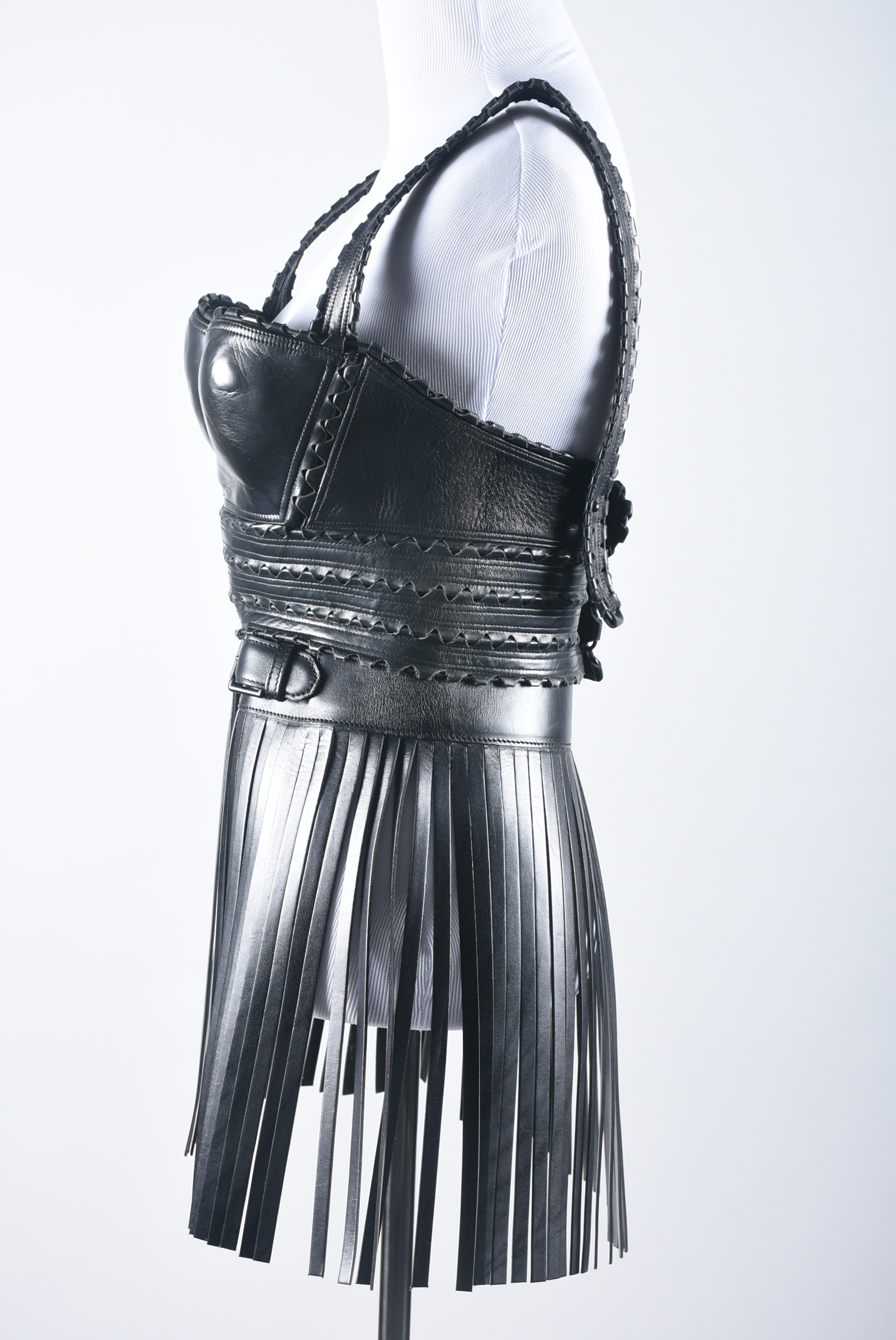 Azzedine Alaïa of Paris High End Designer Black Leather Bustier and Fringed Mini Skirt with Tanya's Autograph