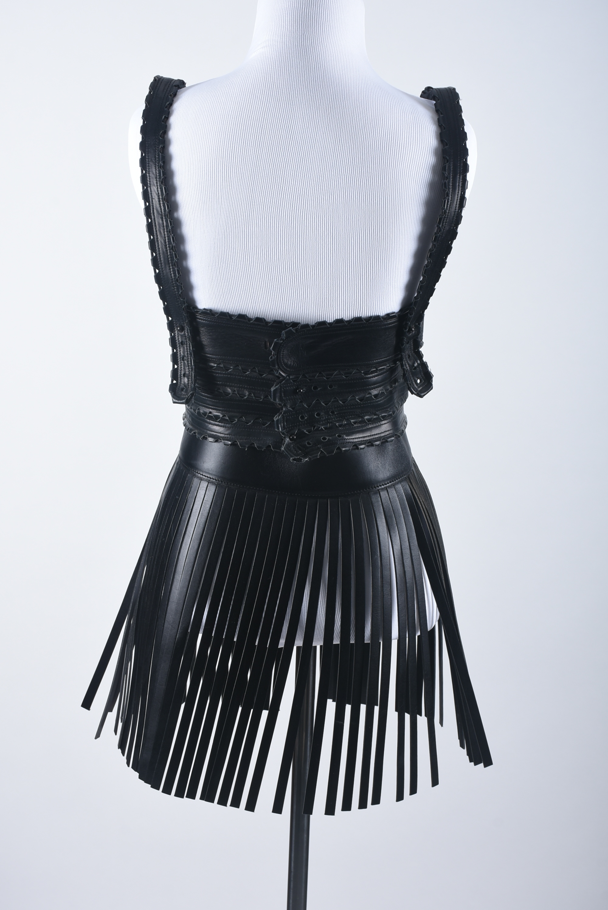 Azzedine Alaïa of Paris High End Designer Black Leather Bustier and Fringed Mini Skirt with Tanya's Autograph