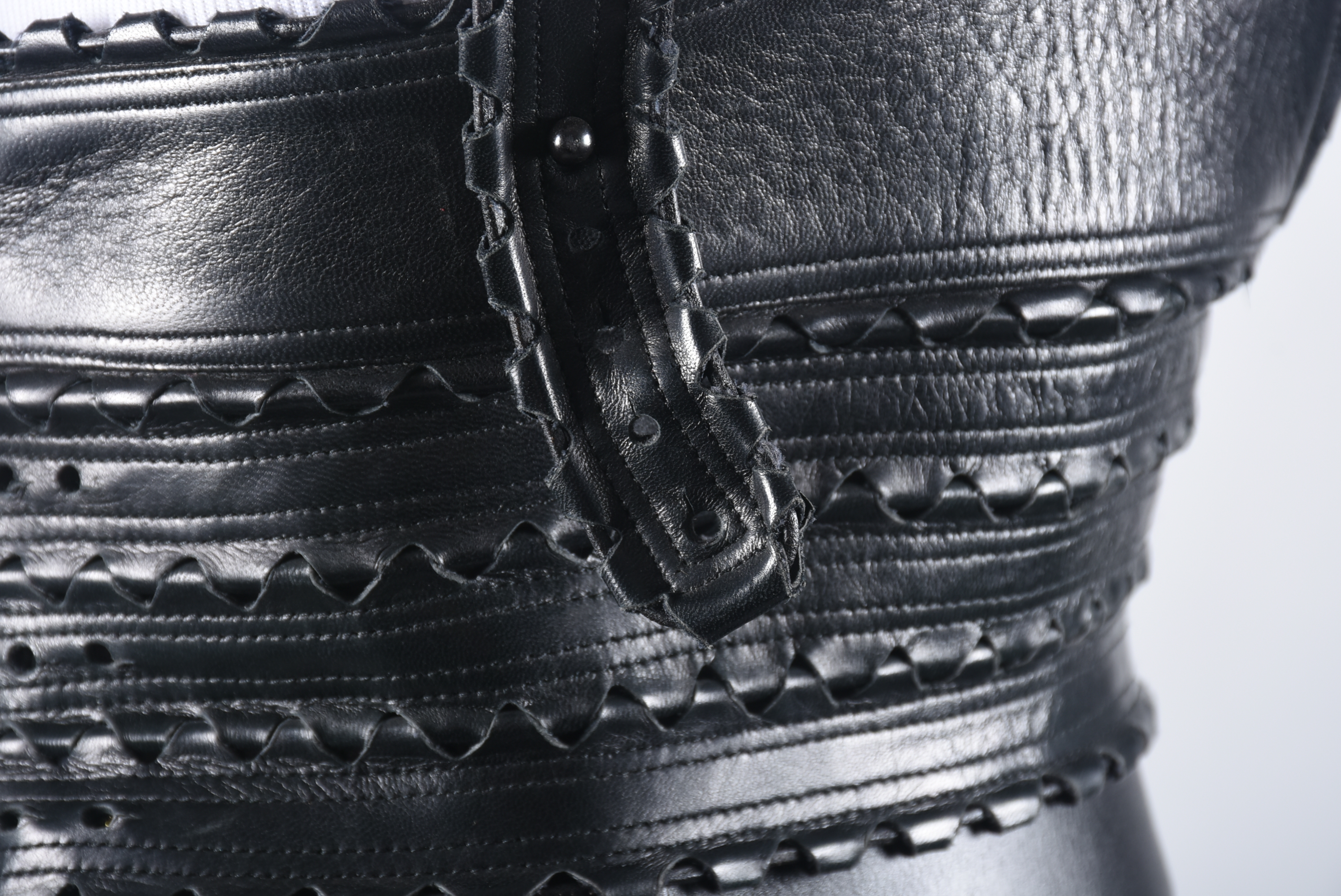 Azzedine Alaïa of Paris High End Designer Black Leather Bustier and Fringed Mini Skirt with Tanya's Autograph