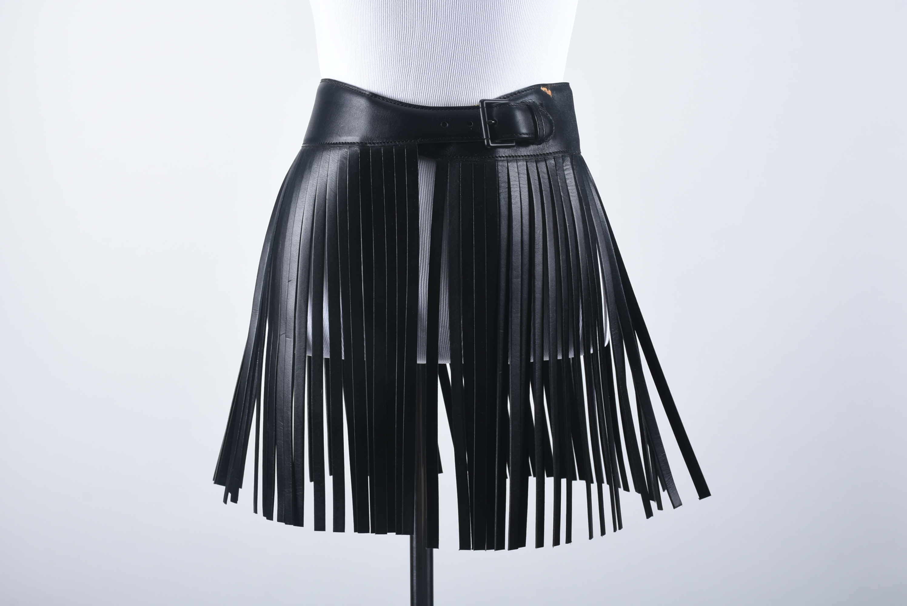 Azzedine Alaïa of Paris High End Designer Black Leather Bustier and Fringed Mini Skirt with Tanya's Autograph