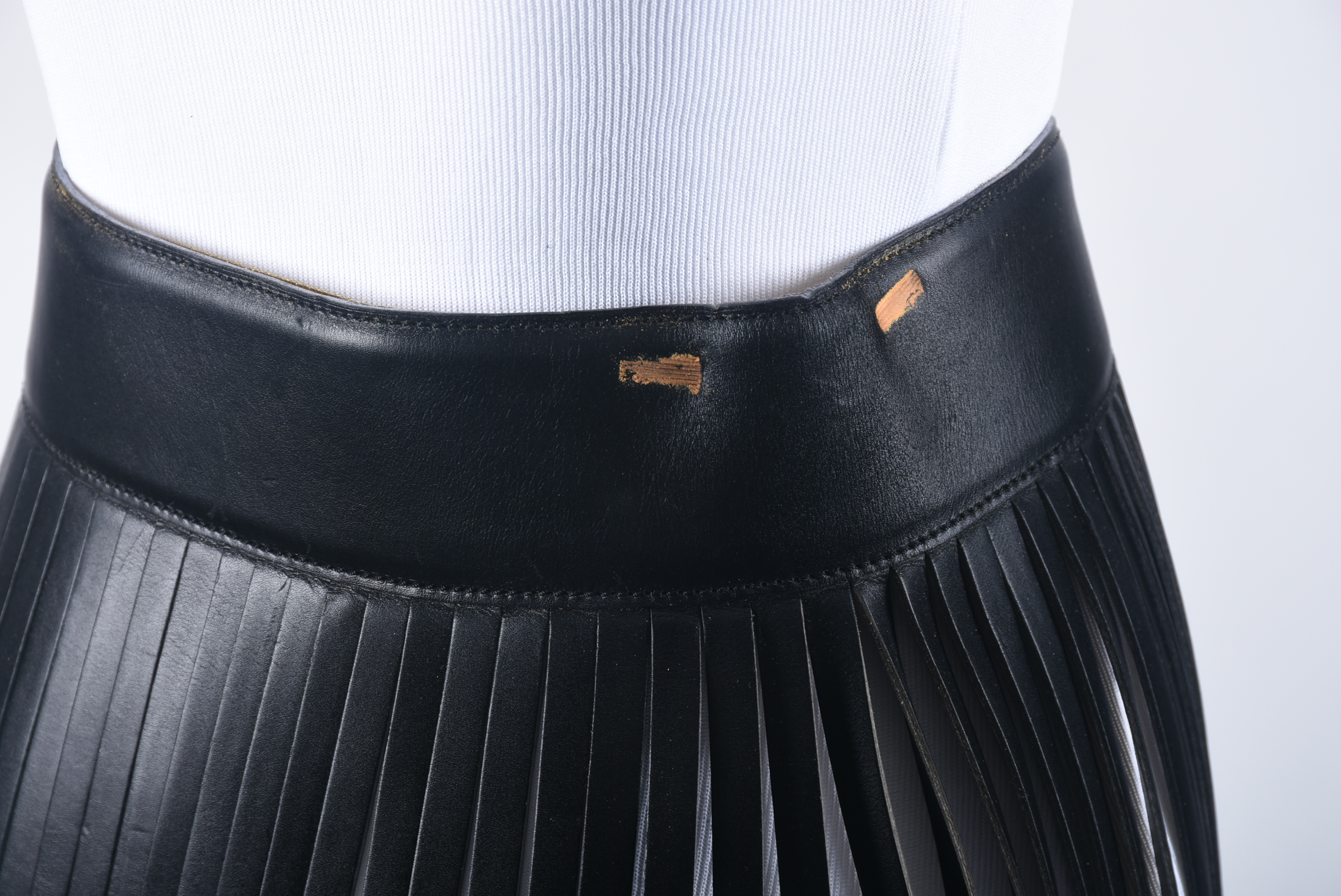 Azzedine Alaïa of Paris High End Designer Black Leather Bustier and Fringed Mini Skirt with Tanya's Autograph