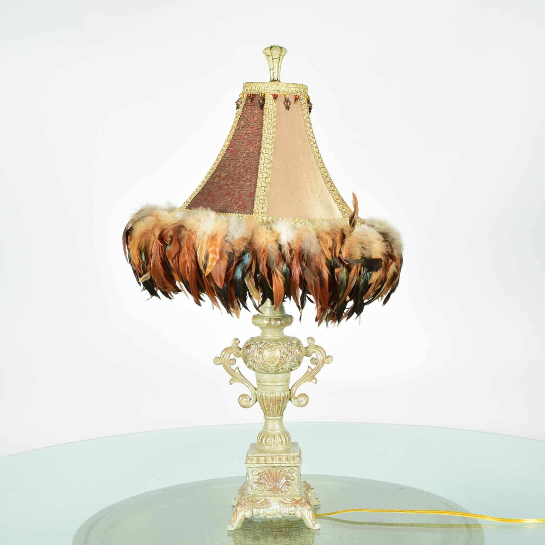 Metal Urn Rococo Style Table Lamp with Feathered Shade