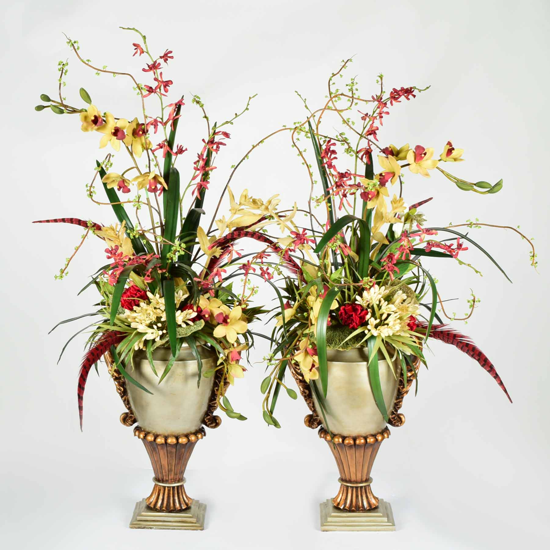 Molded Resin Vase and Faux Floral Arrangement Pair