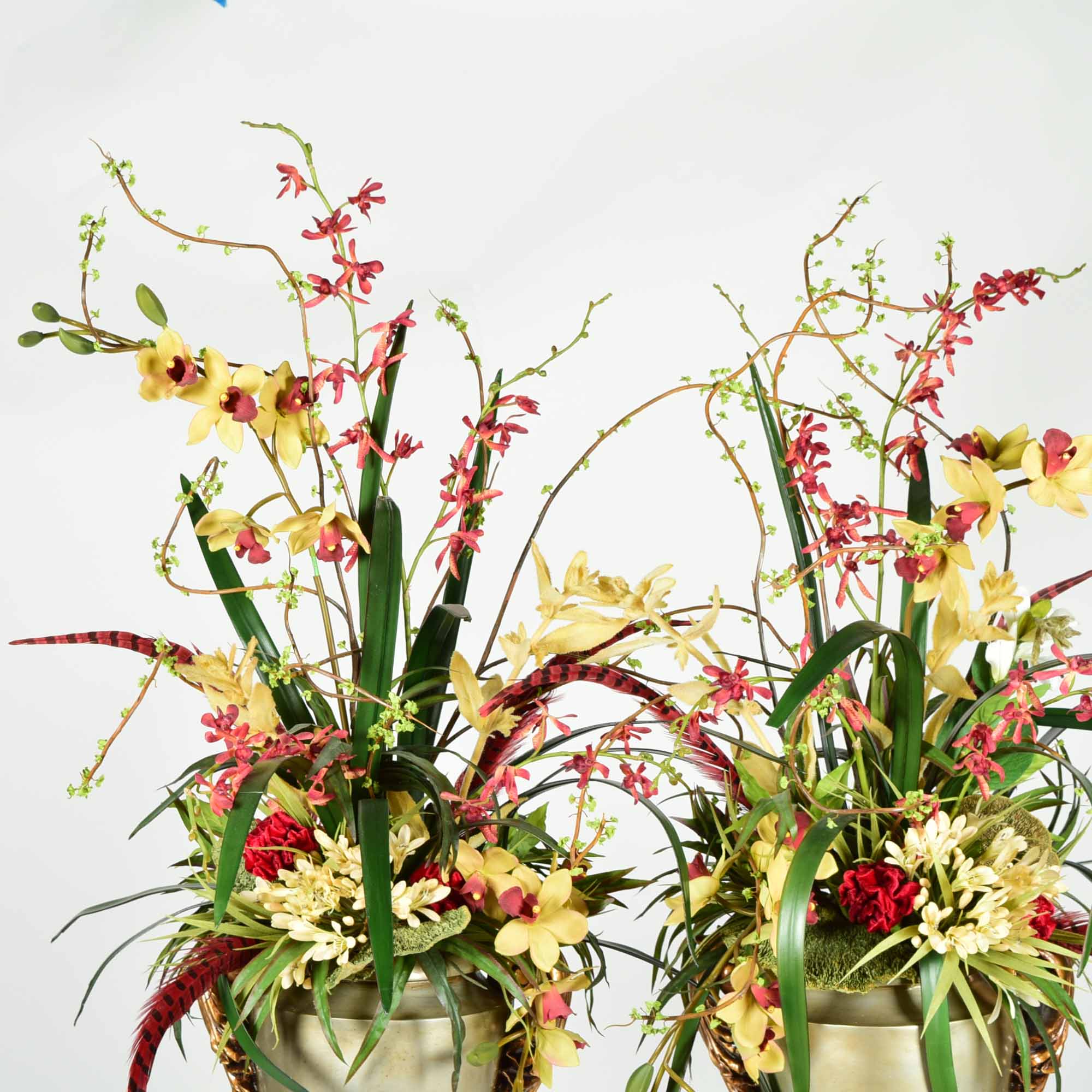 Molded Resin Vase and Faux Floral Arrangement Pair