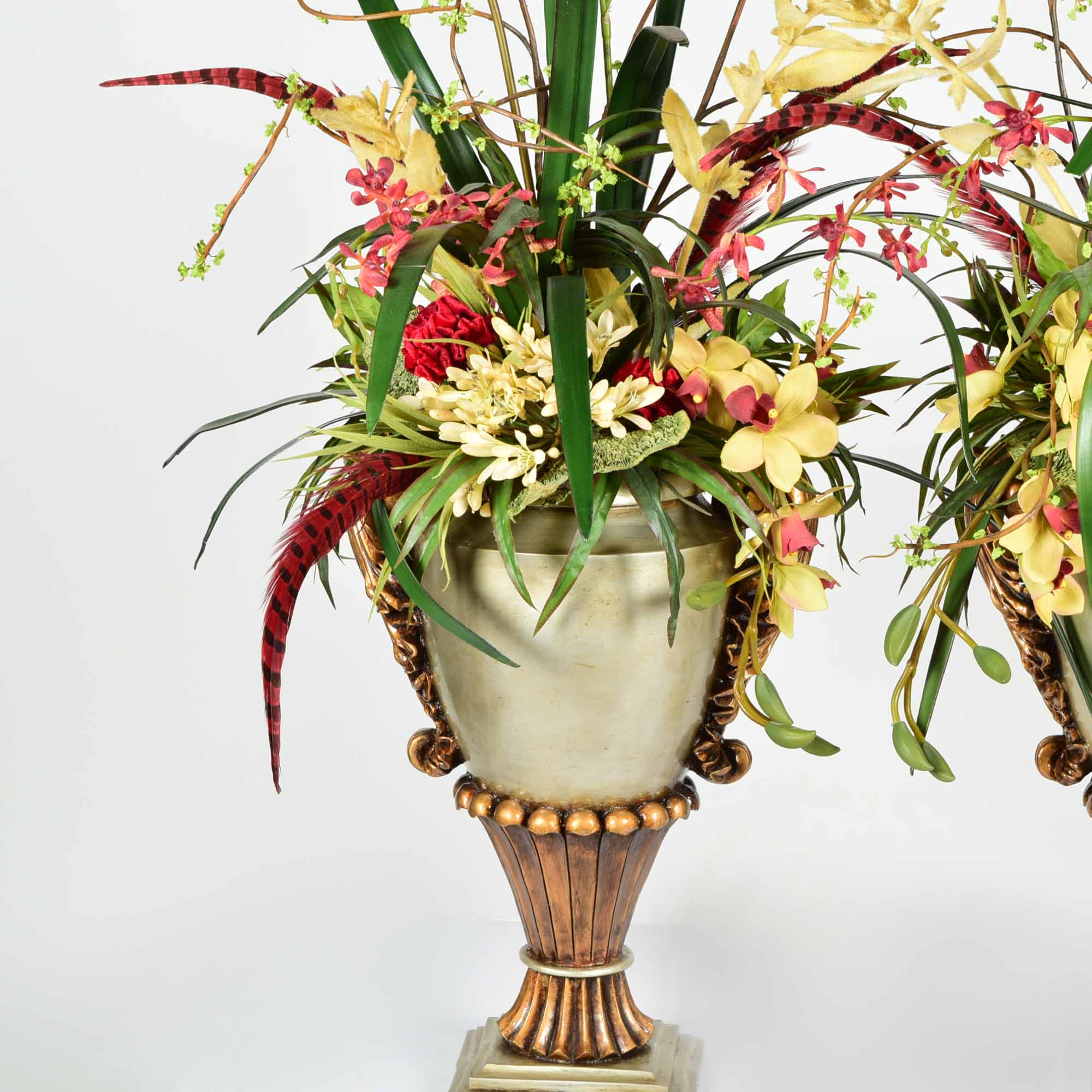 Molded Resin Vase and Faux Floral Arrangement Pair