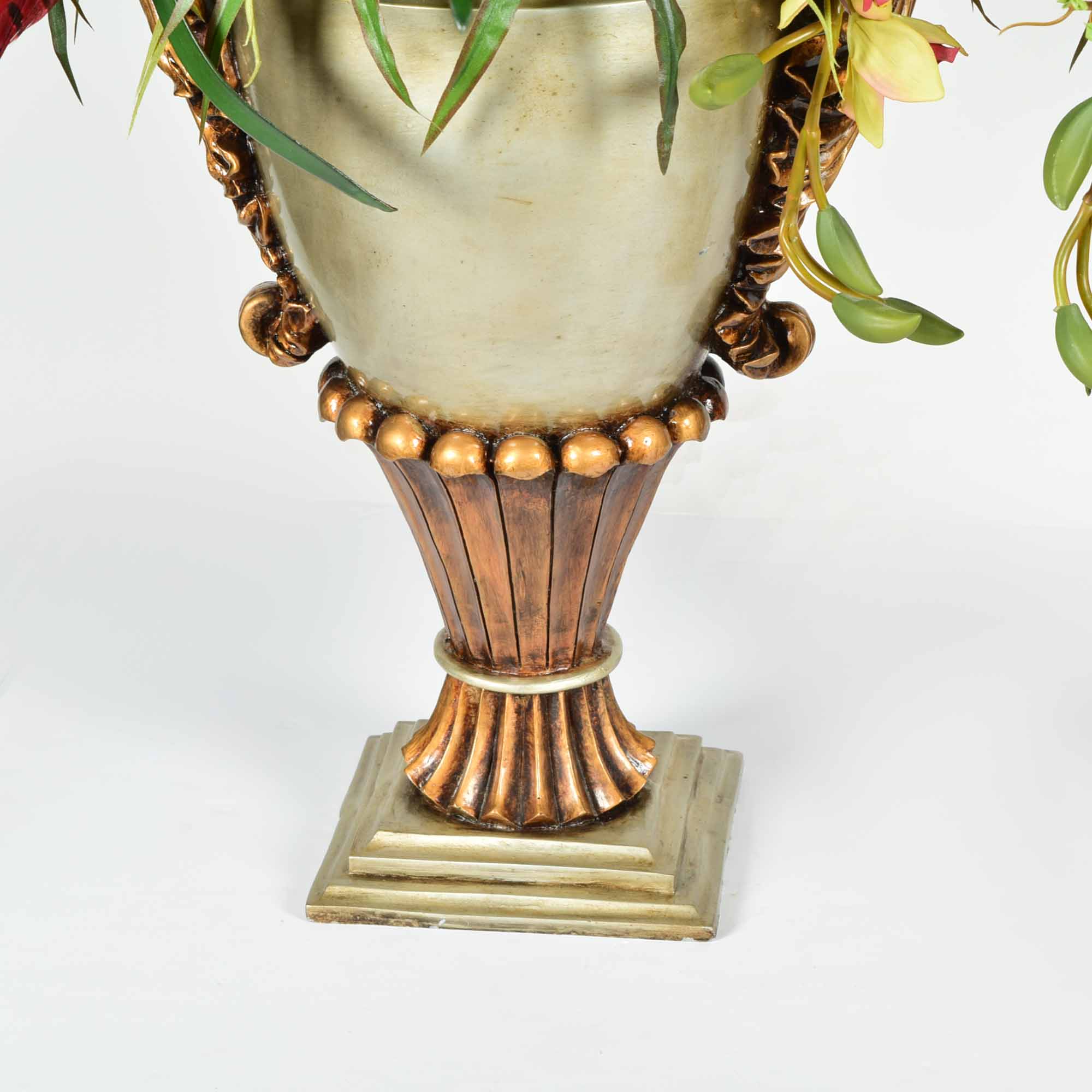 Molded Resin Vase and Faux Floral Arrangement Pair
