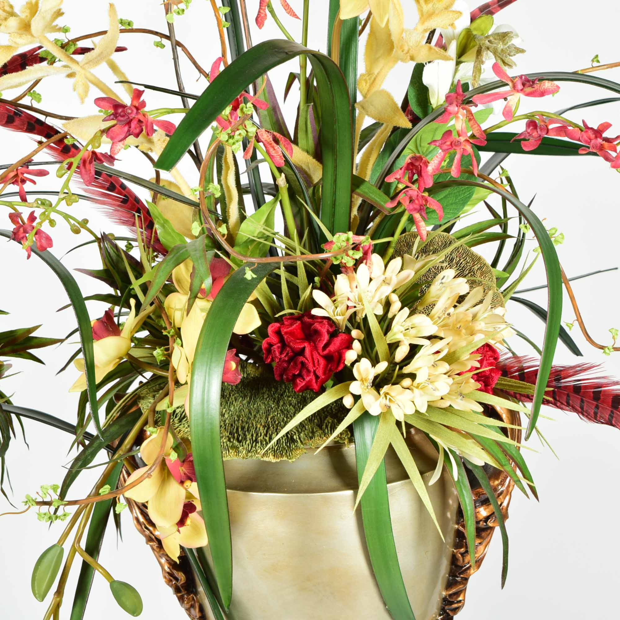 Molded Resin Vase and Faux Floral Arrangement Pair