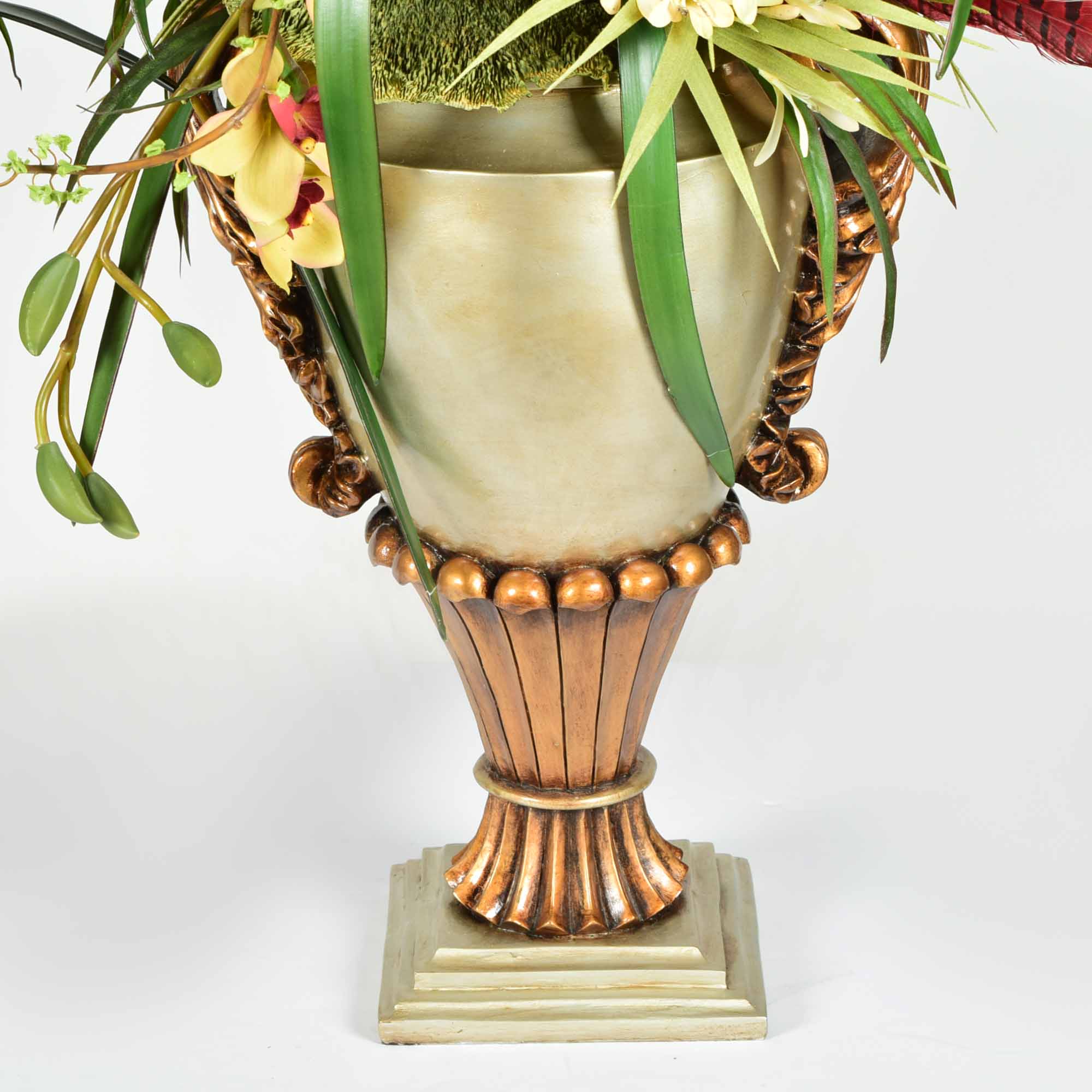 Molded Resin Vase and Faux Floral Arrangement Pair