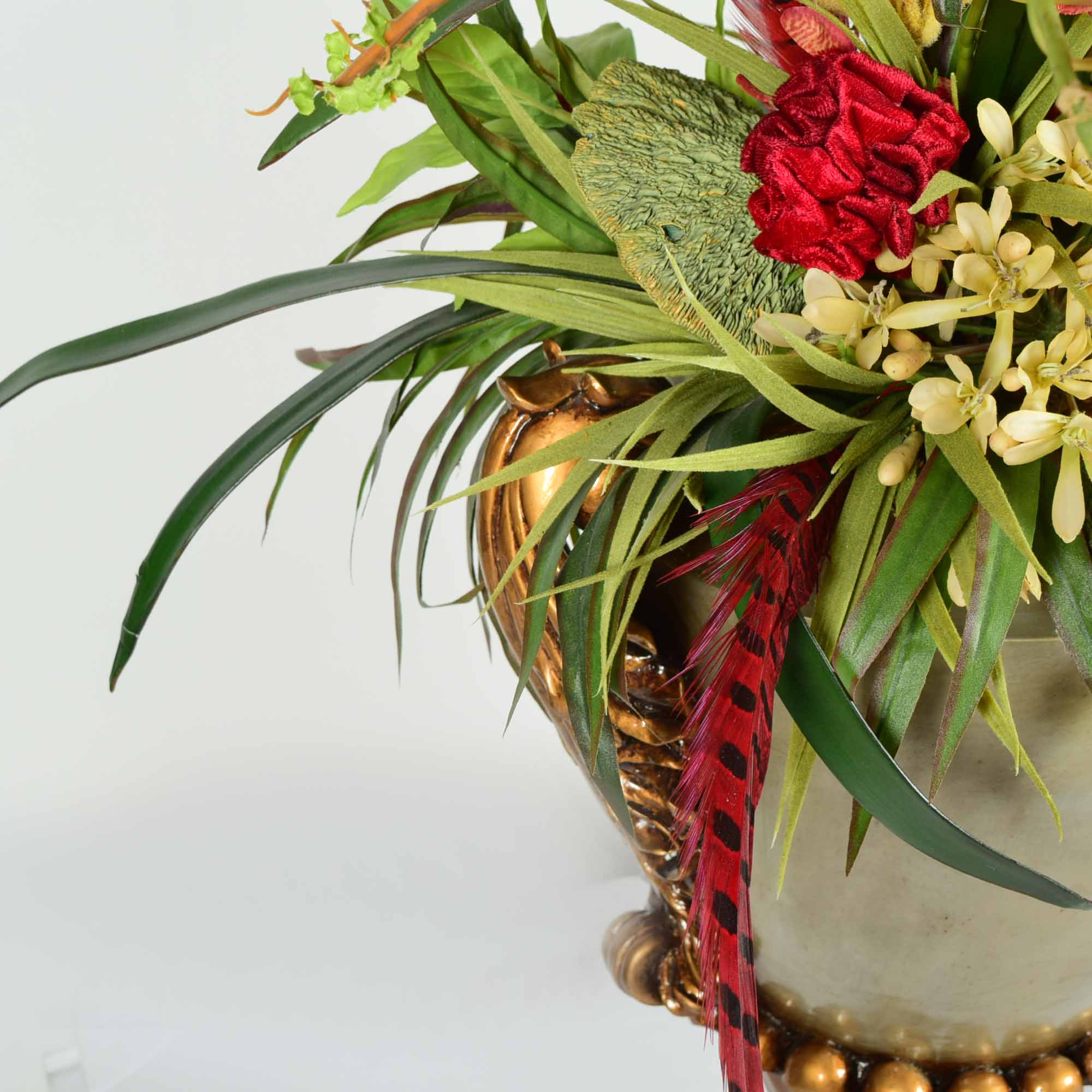 Molded Resin Vase and Faux Floral Arrangement Pair
