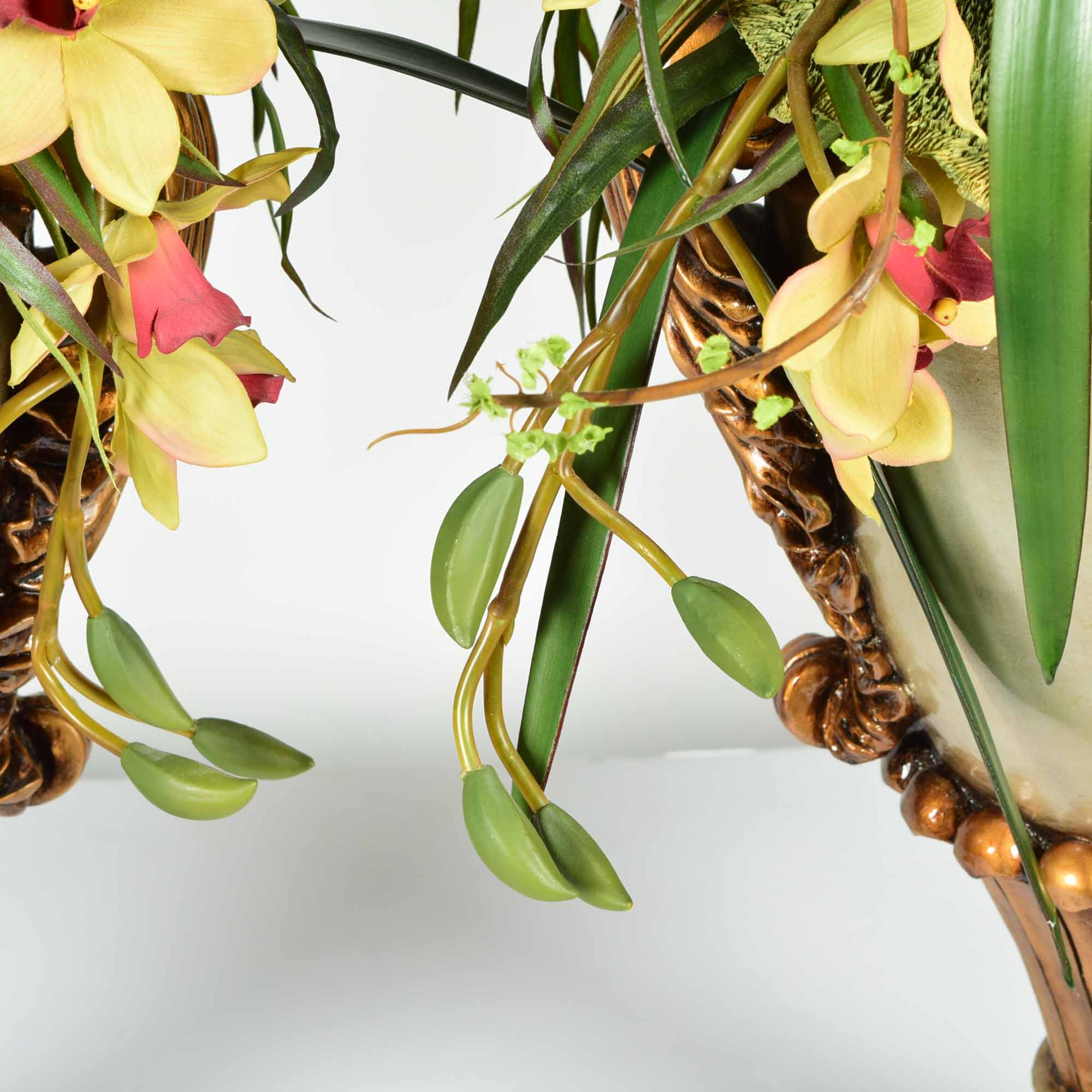 Molded Resin Vase and Faux Floral Arrangement Pair