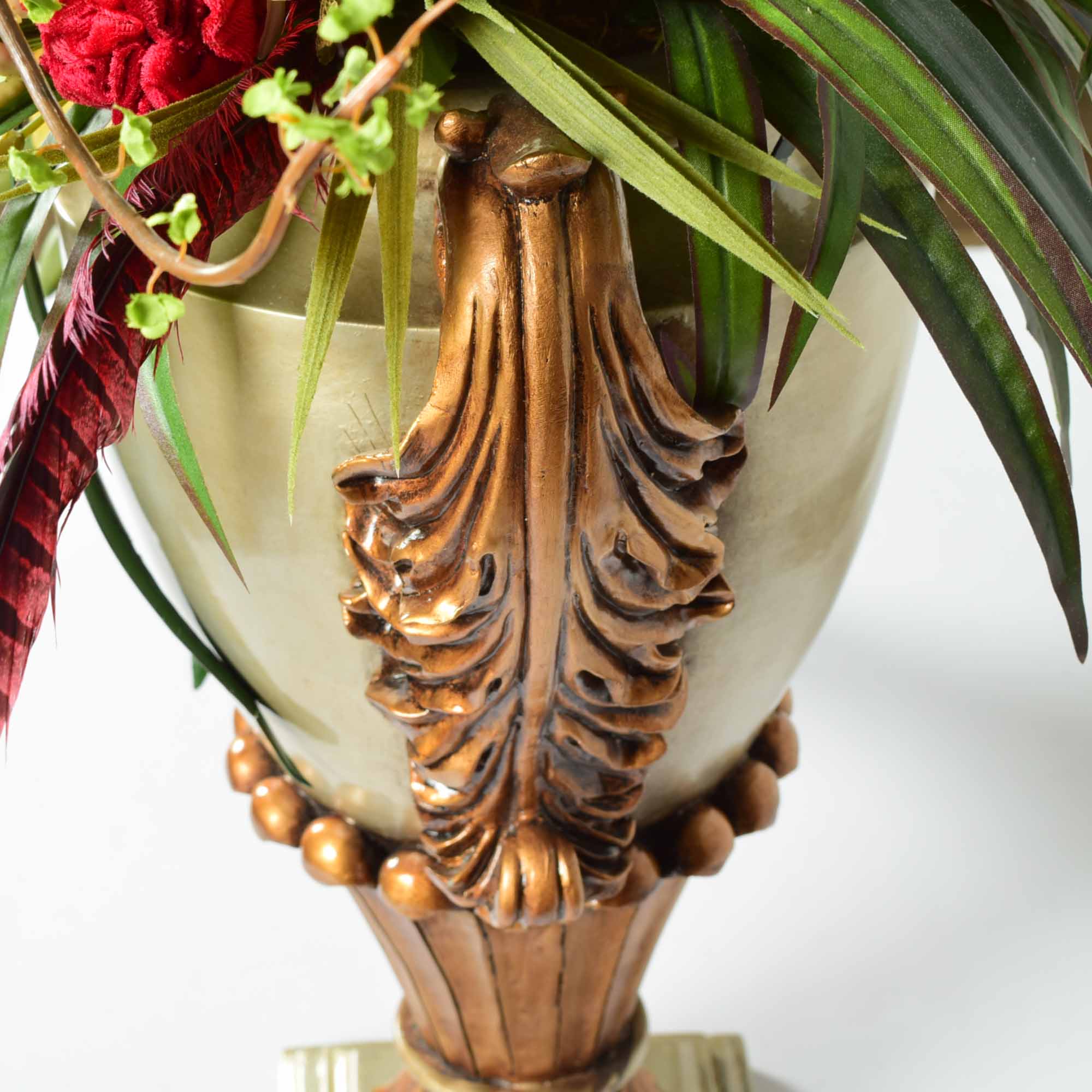 Molded Resin Vase and Faux Floral Arrangement Pair