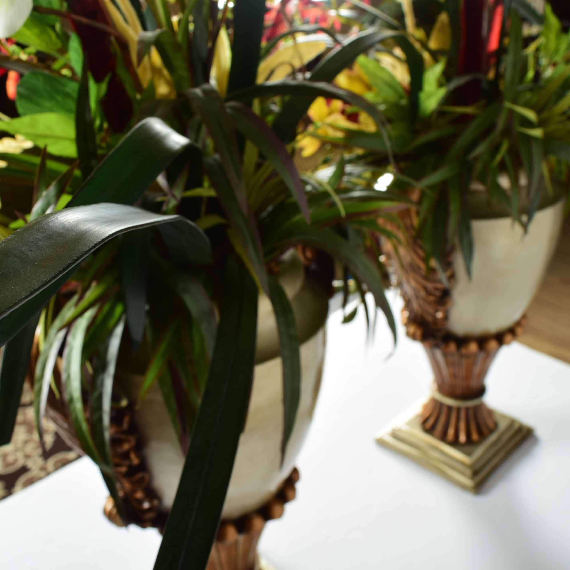 Molded Resin Vase and Faux Floral Arrangement Pair