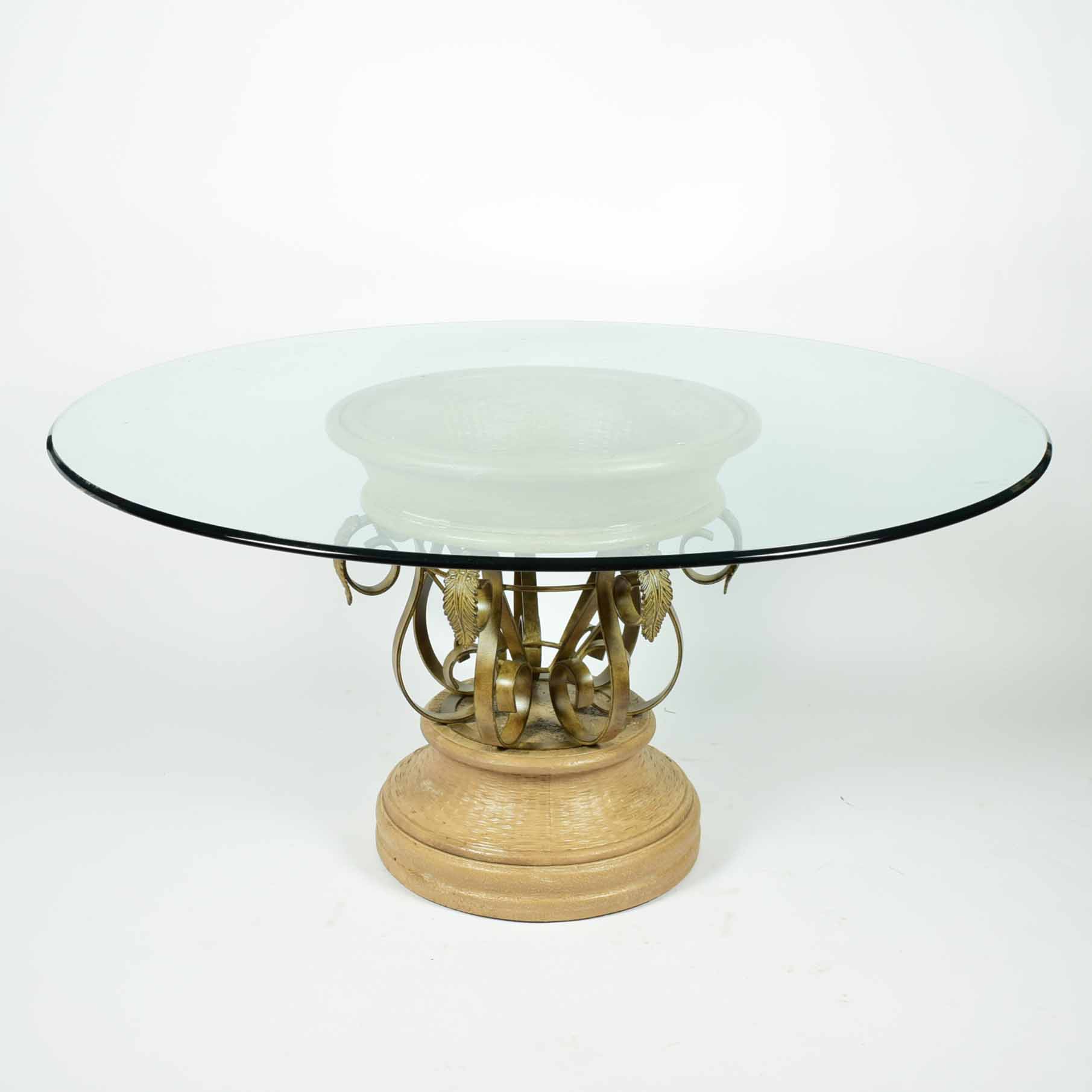Round Glass Top Table with Ornate Metal and Resin Base