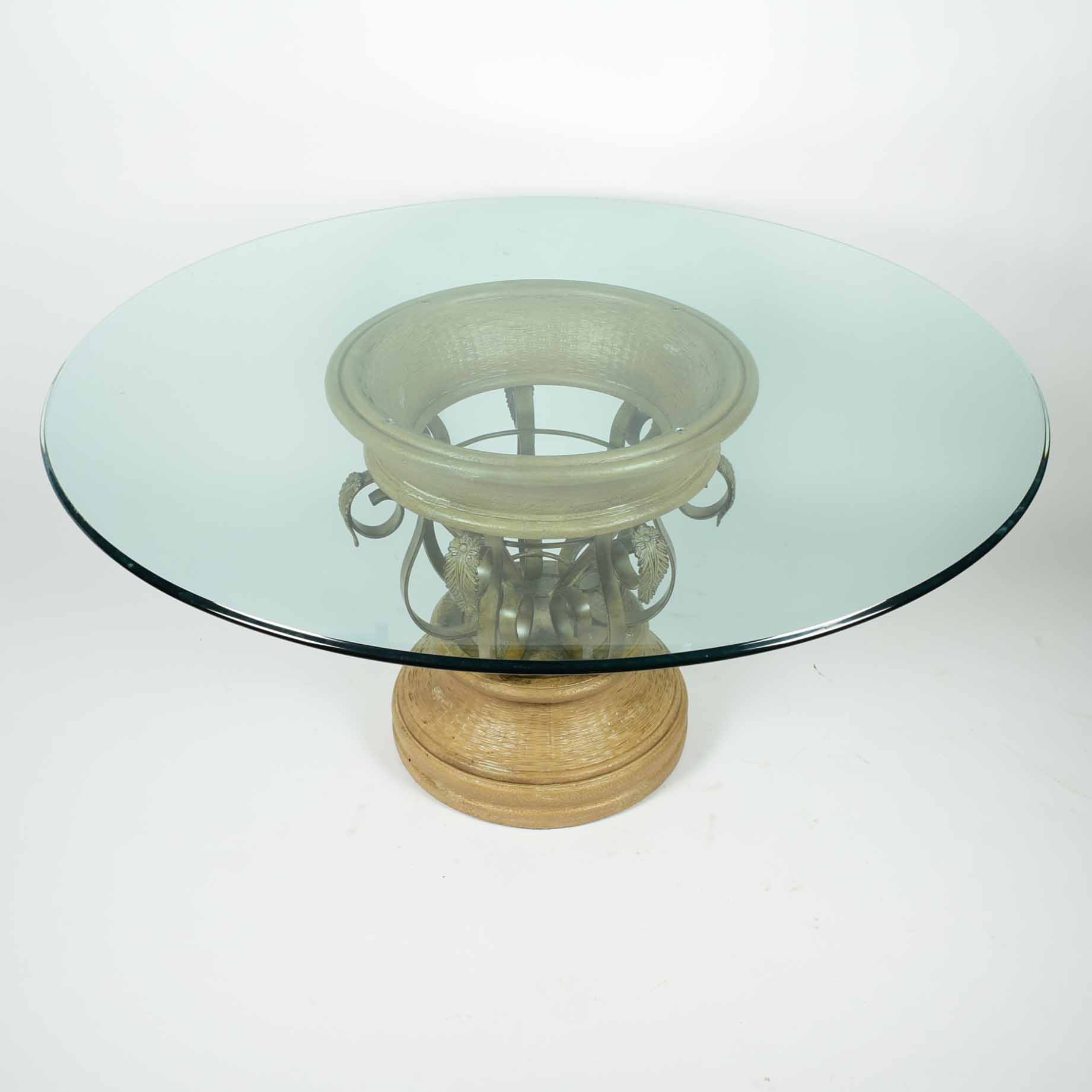 Round Glass Top Table with Ornate Metal and Resin Base