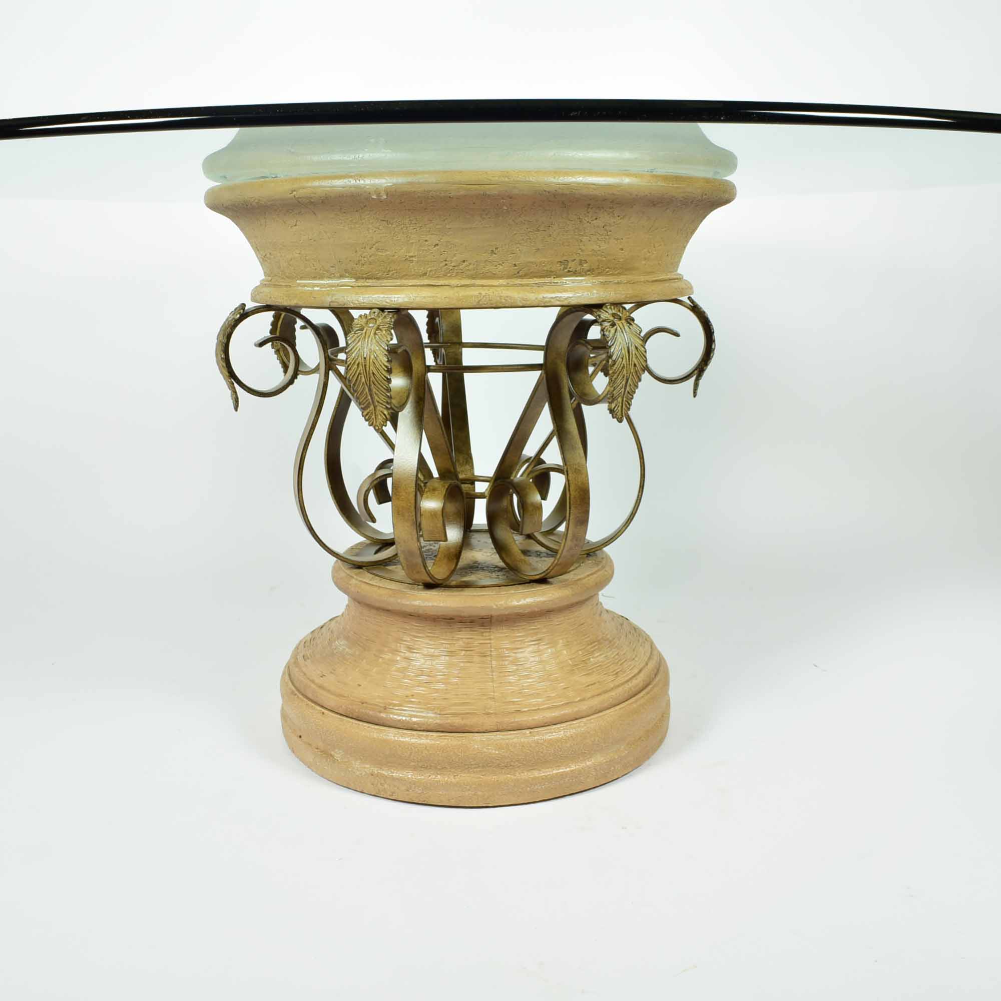 Round Glass Top Table with Ornate Metal and Resin Base