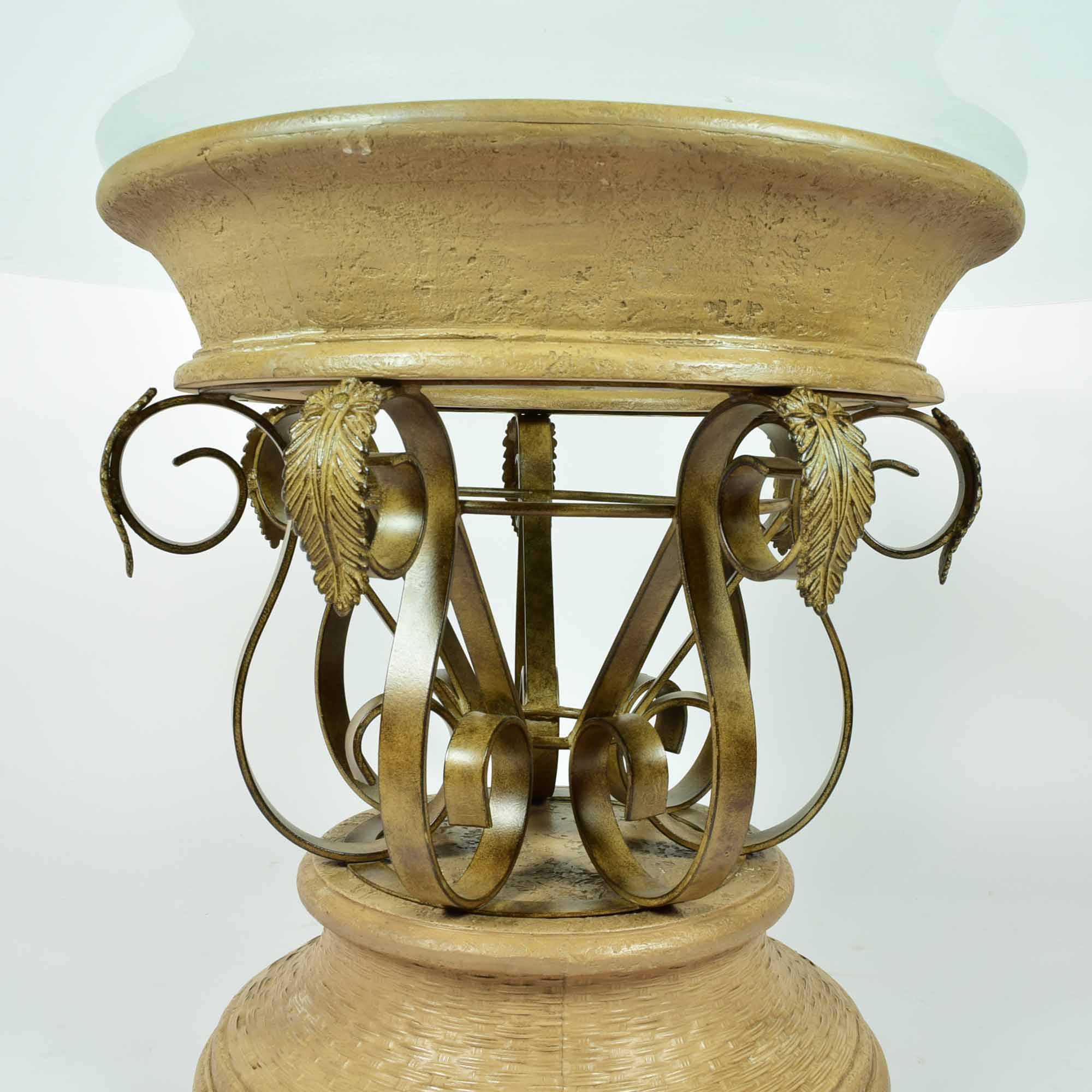 Round Glass Top Table with Ornate Metal and Resin Base