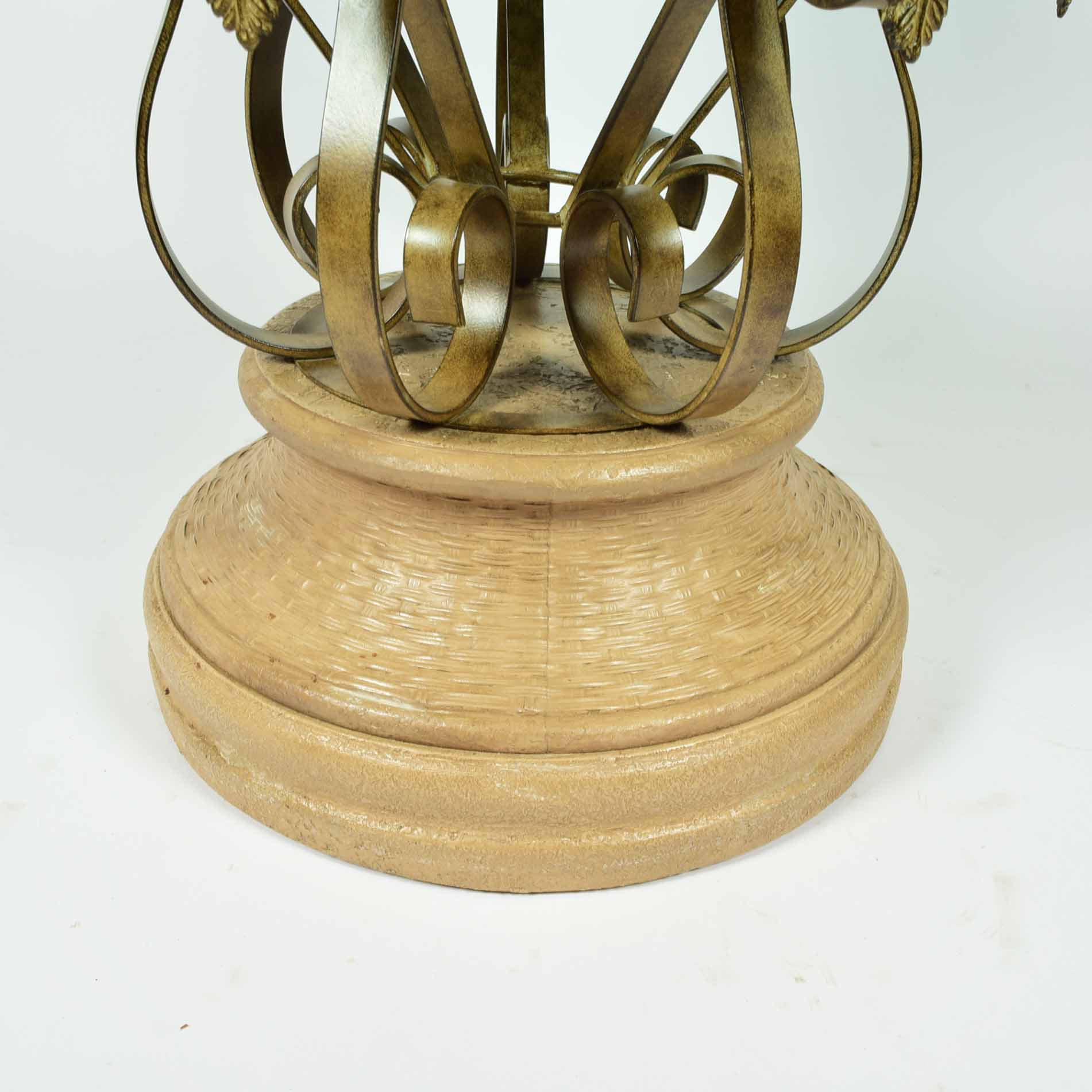 Round Glass Top Table with Ornate Metal and Resin Base