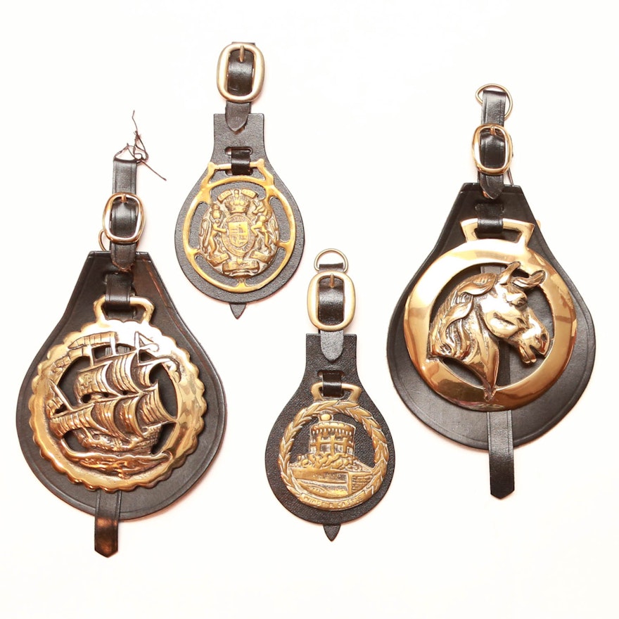 Vintage Brass Horse Bridle Medallions with Leather Display Straps